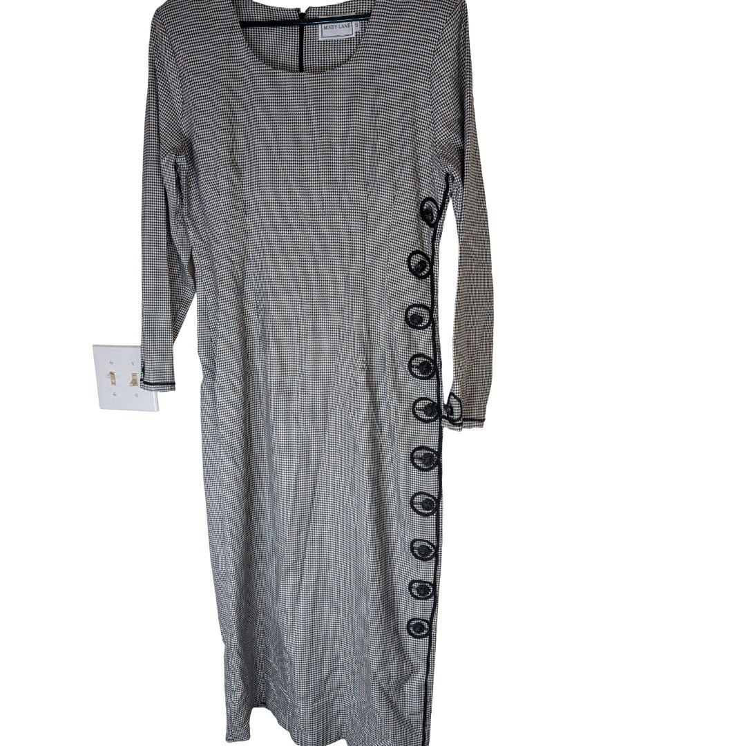 Misty Lane Dress Womens 12 Black White Houndstooth Long Sleeve Vintage