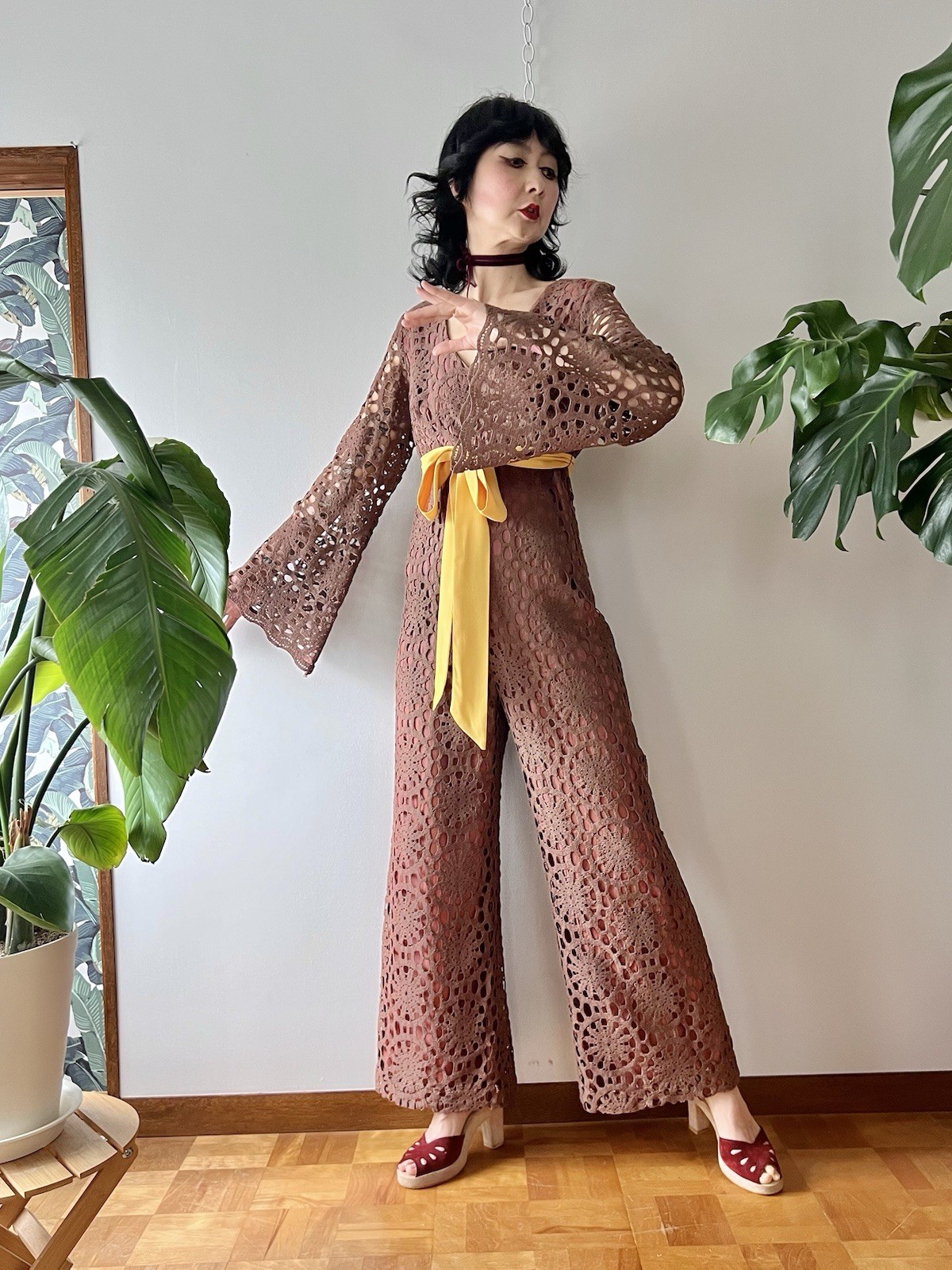 60s 70s Joy Stevens California Crochet Lace Bell Sleeve Flared Wide Leg Jumpsuit