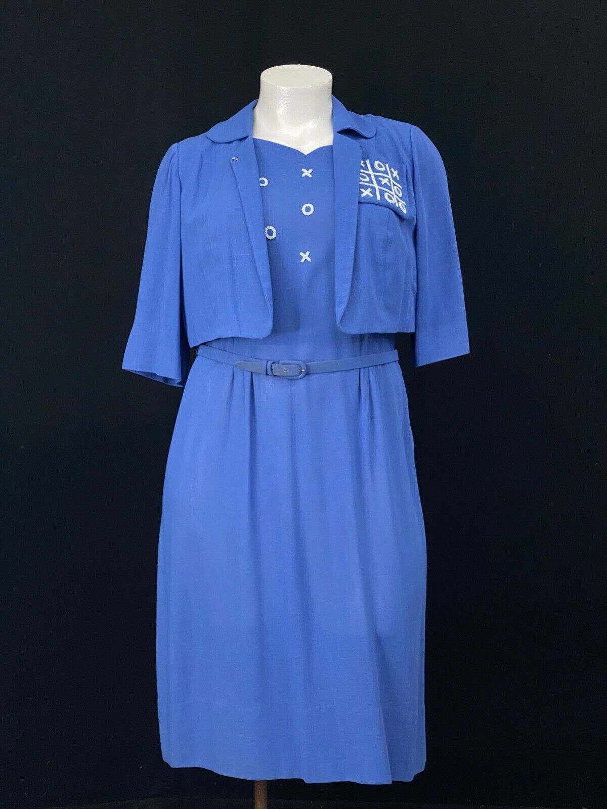 Vintage 1940s tic-tac-toe dress, blue beaded novelty print Xs Os XXL plus size