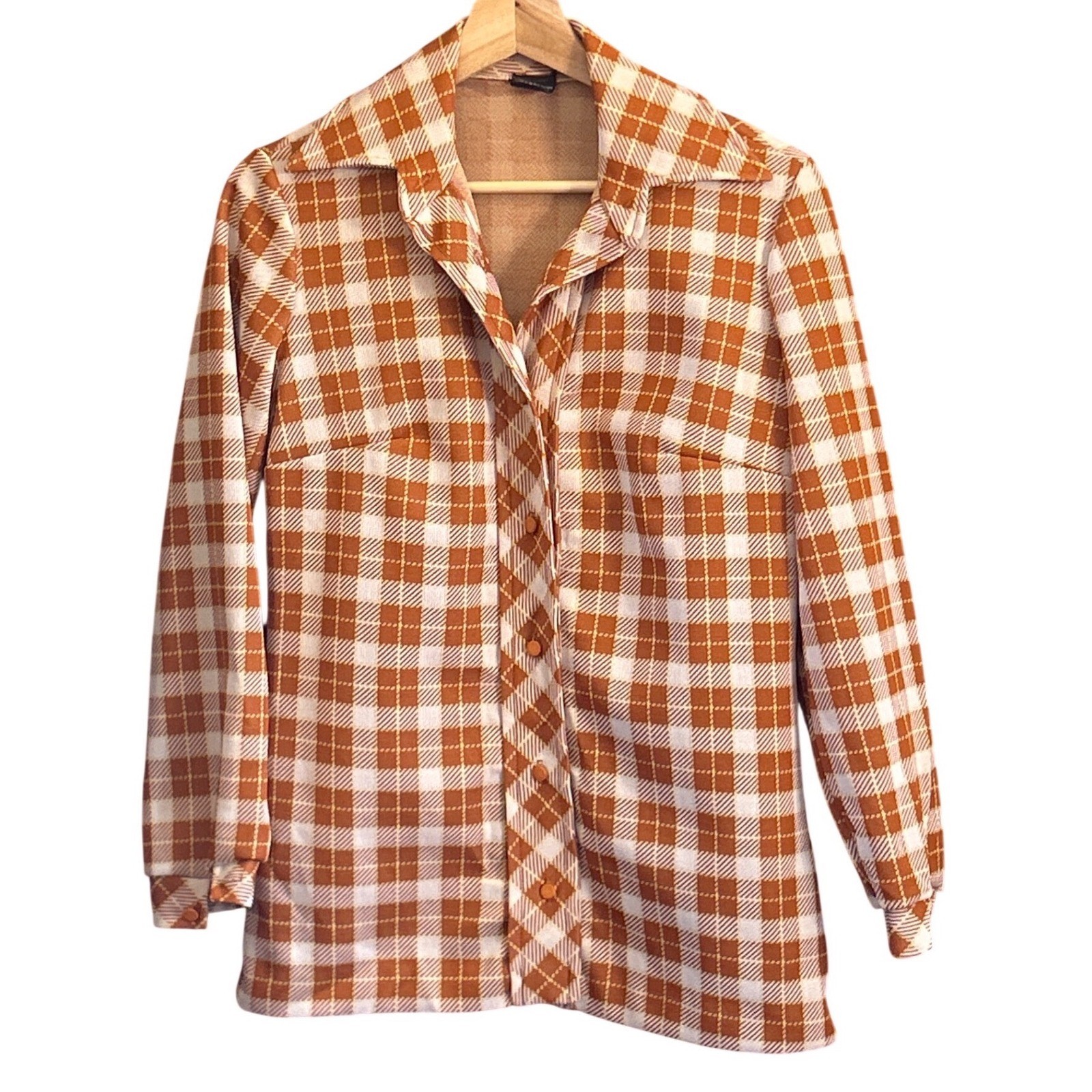 70s Stage 7 Plaid Button Up Shirt Disco Retro Mod Orange White Knit Top Size 8