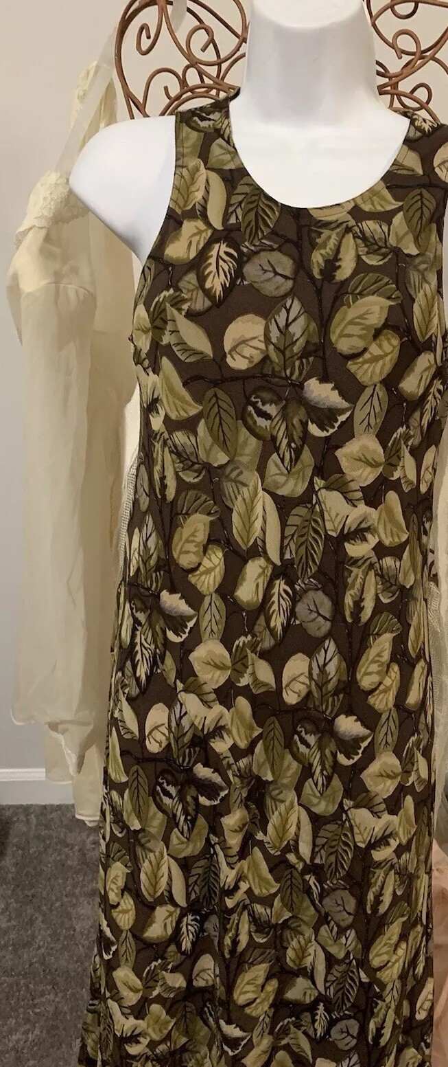 Vintage Et Vous Dress 100% Silk Maxi, Detailed Leaf Design , Cottage Core