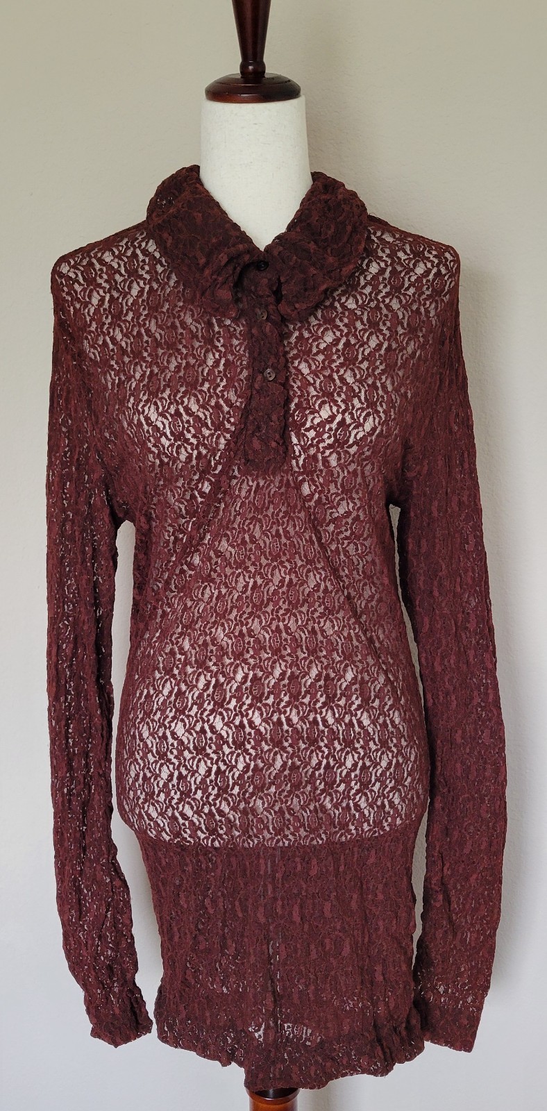Vtg 70s Mesh Sheer Shirt Dress Size S Dark Romantic Ruffle Collar READ Vamp Goth