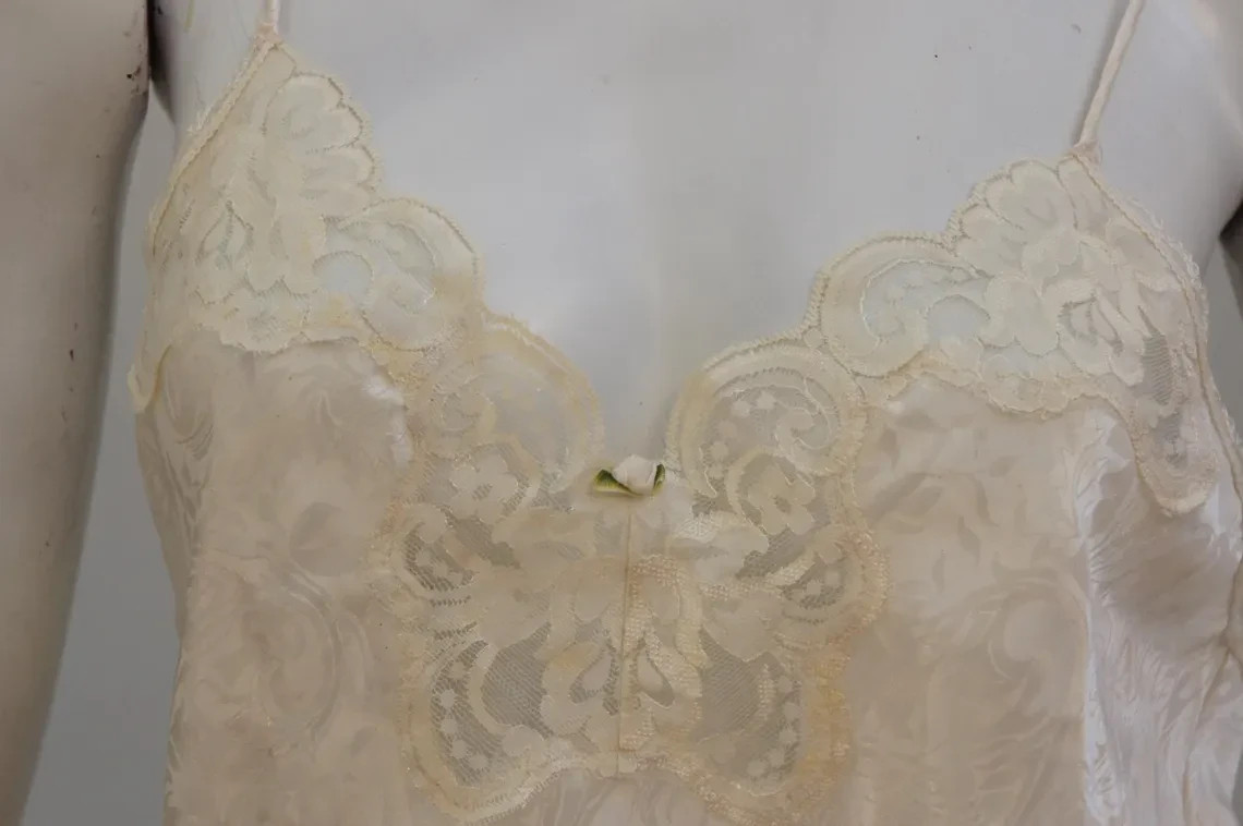 Vintage Creme Damask Print Short Satin Slip Dress By LA II Negligee Lingerie