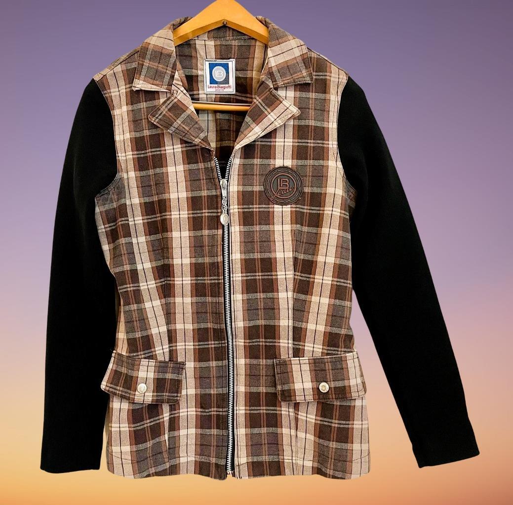 Laura Biagiotti Italy Fashion Designer Vtg Plaid & Knit Zipper Jacket Sz 42 US