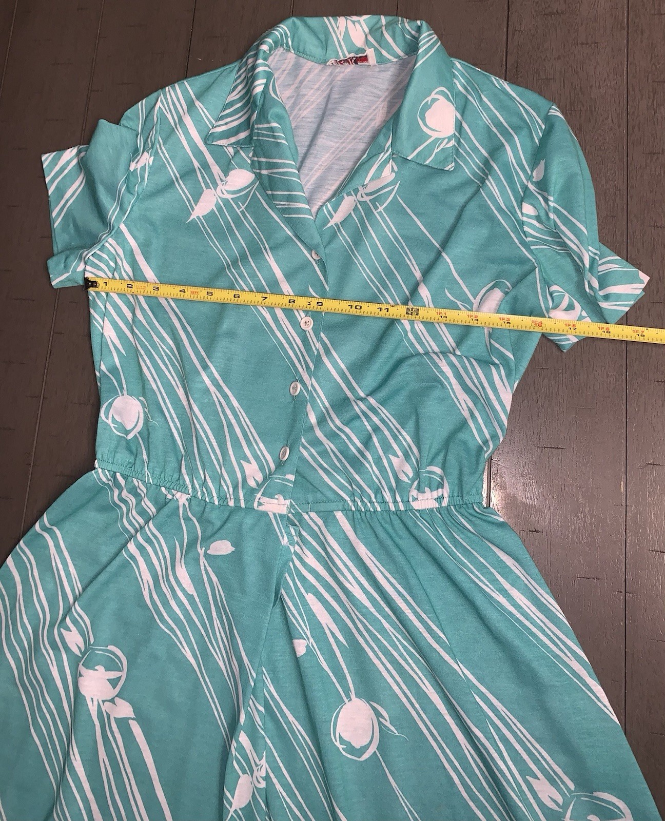 A7 VTG 80s R&K ORIGINALS TROPICAL FLORAL AQUA/WHITE SHIRT DRESS 7/8 ROCKABILLY