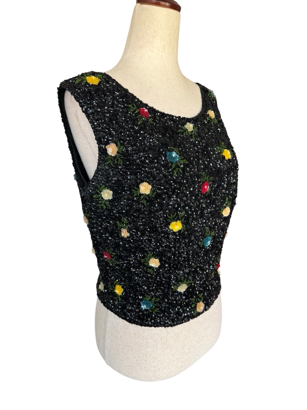 Vintage 60s House of Gold Beaded Sequin Floral Sleeveless Evening MCM Top Medium
