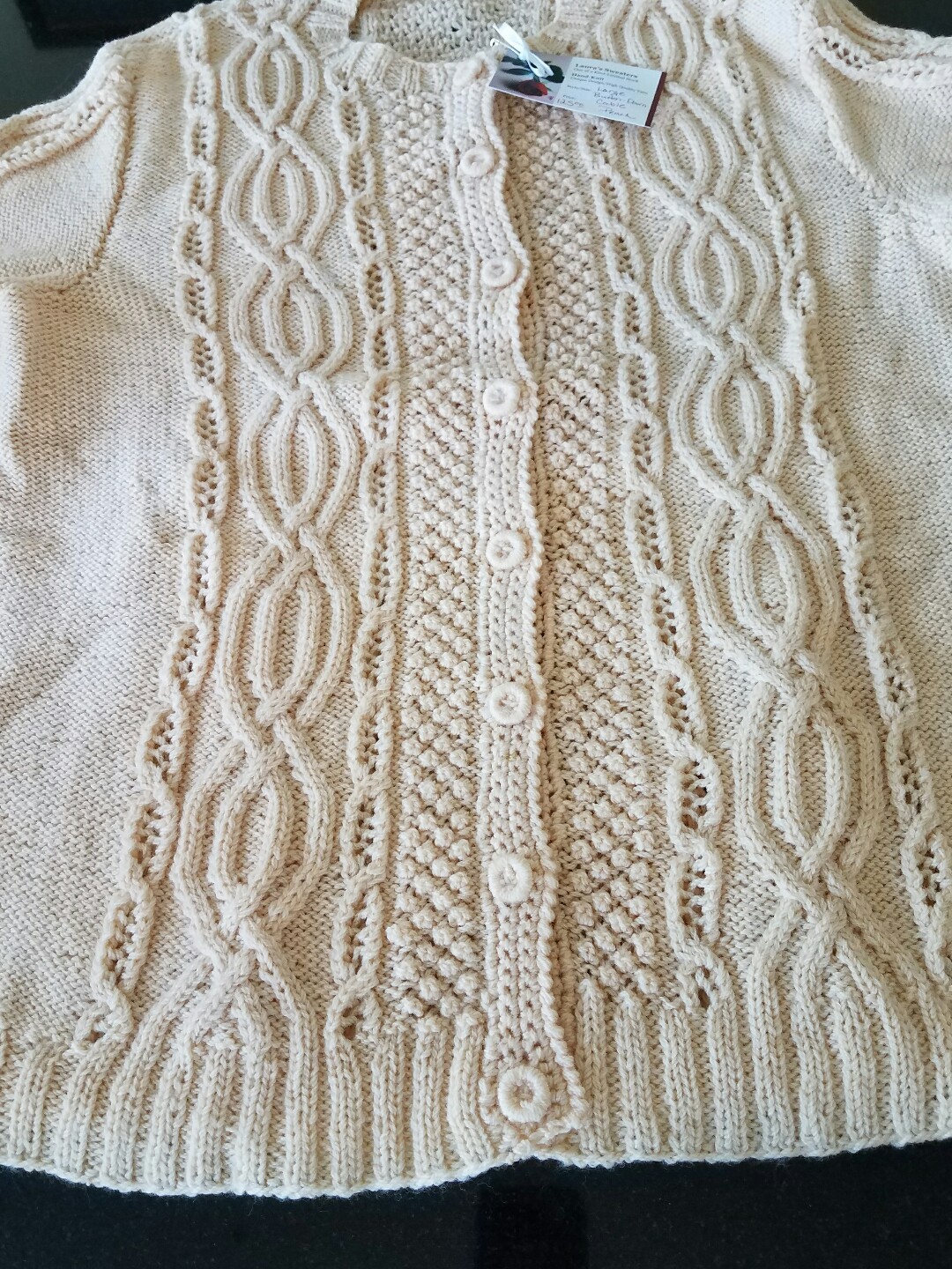 Vintage Hand Knit Sweater-Light Coral Button Down Cable and Popcorn Stitch