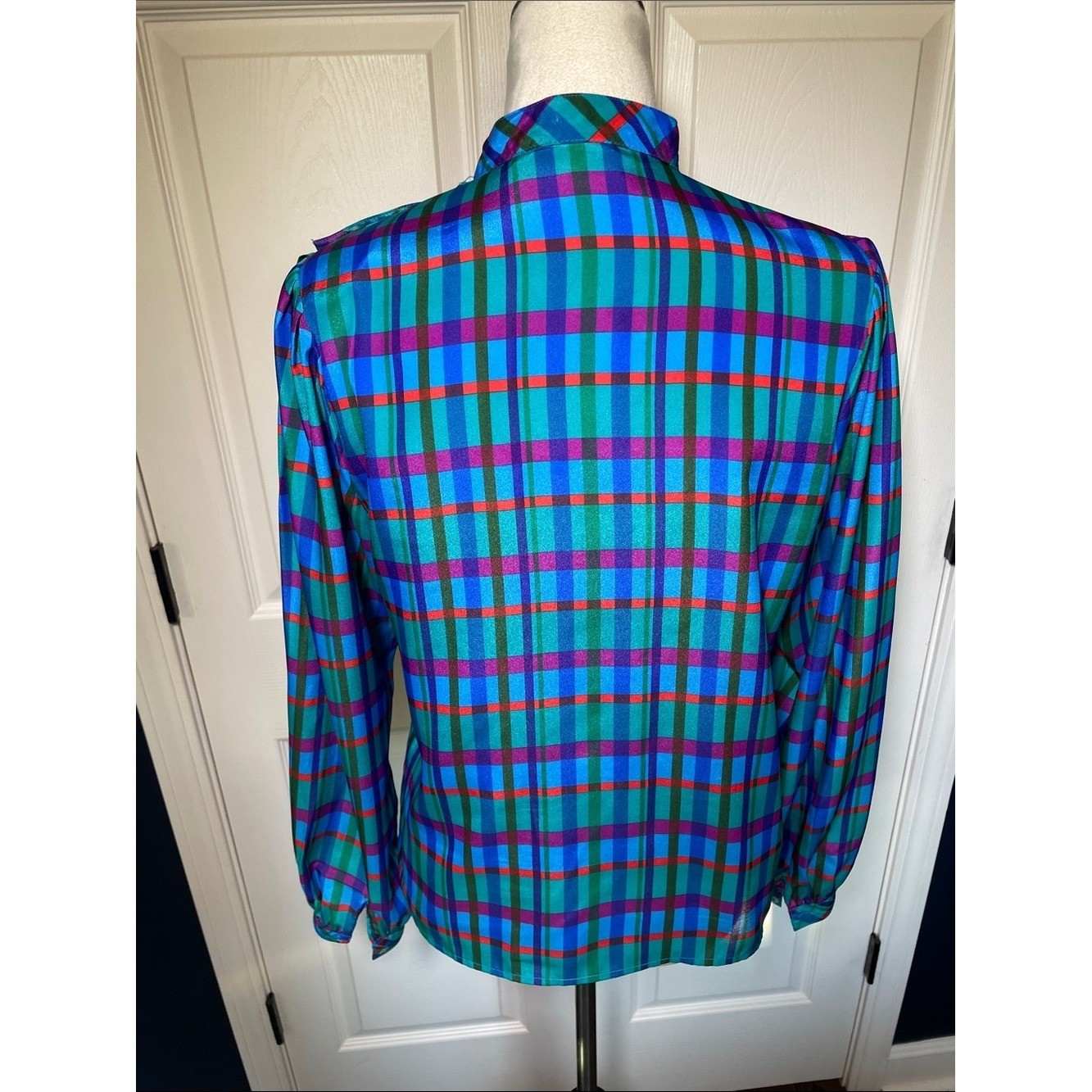 Vintage Liz Claiborne Plaid Blouse Teal Purple Green Red Button Side Panel Sz 8