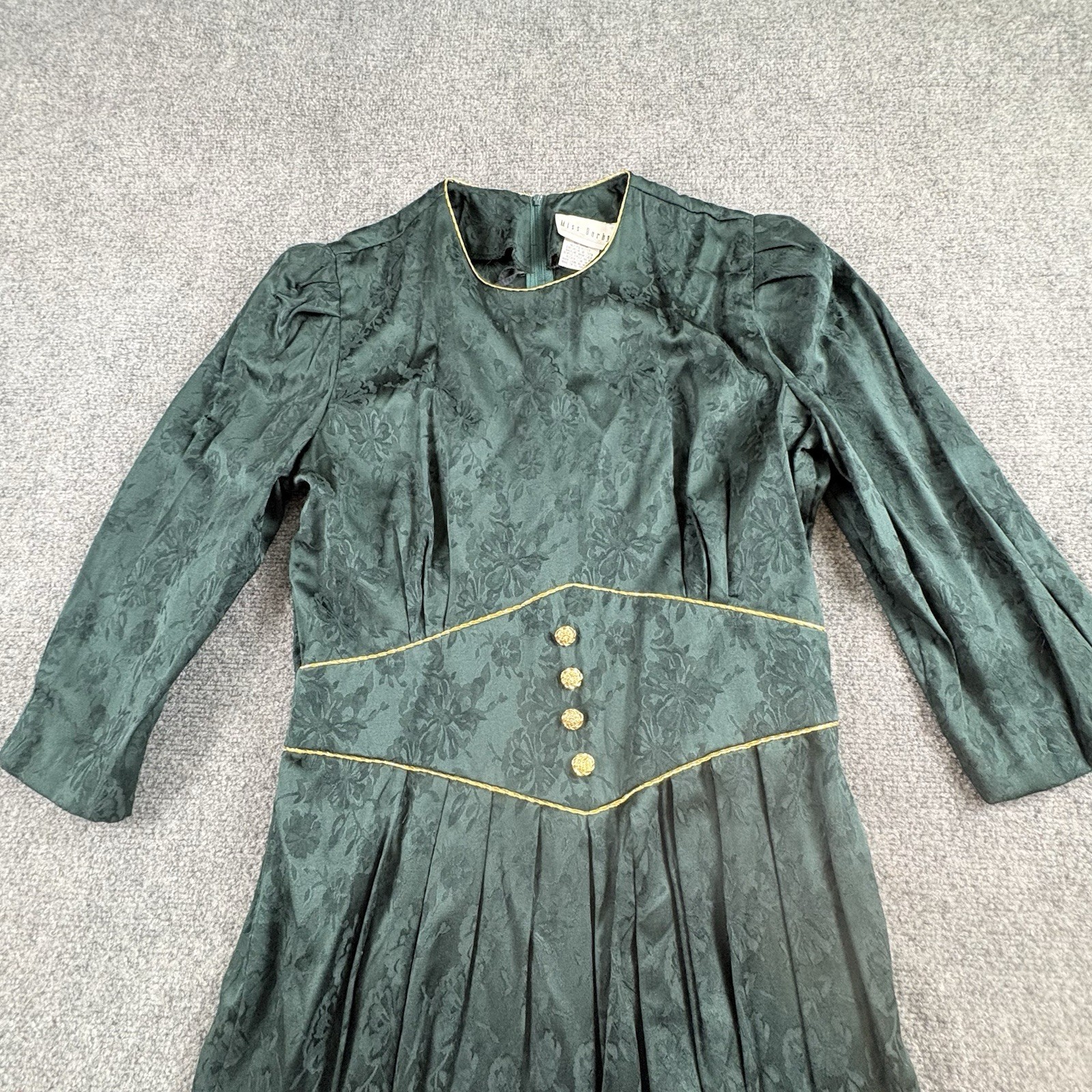 Vintage 80s Miss Dorby Dress Women’s 14 Green Jacquard Cottagecore Regency Fairy