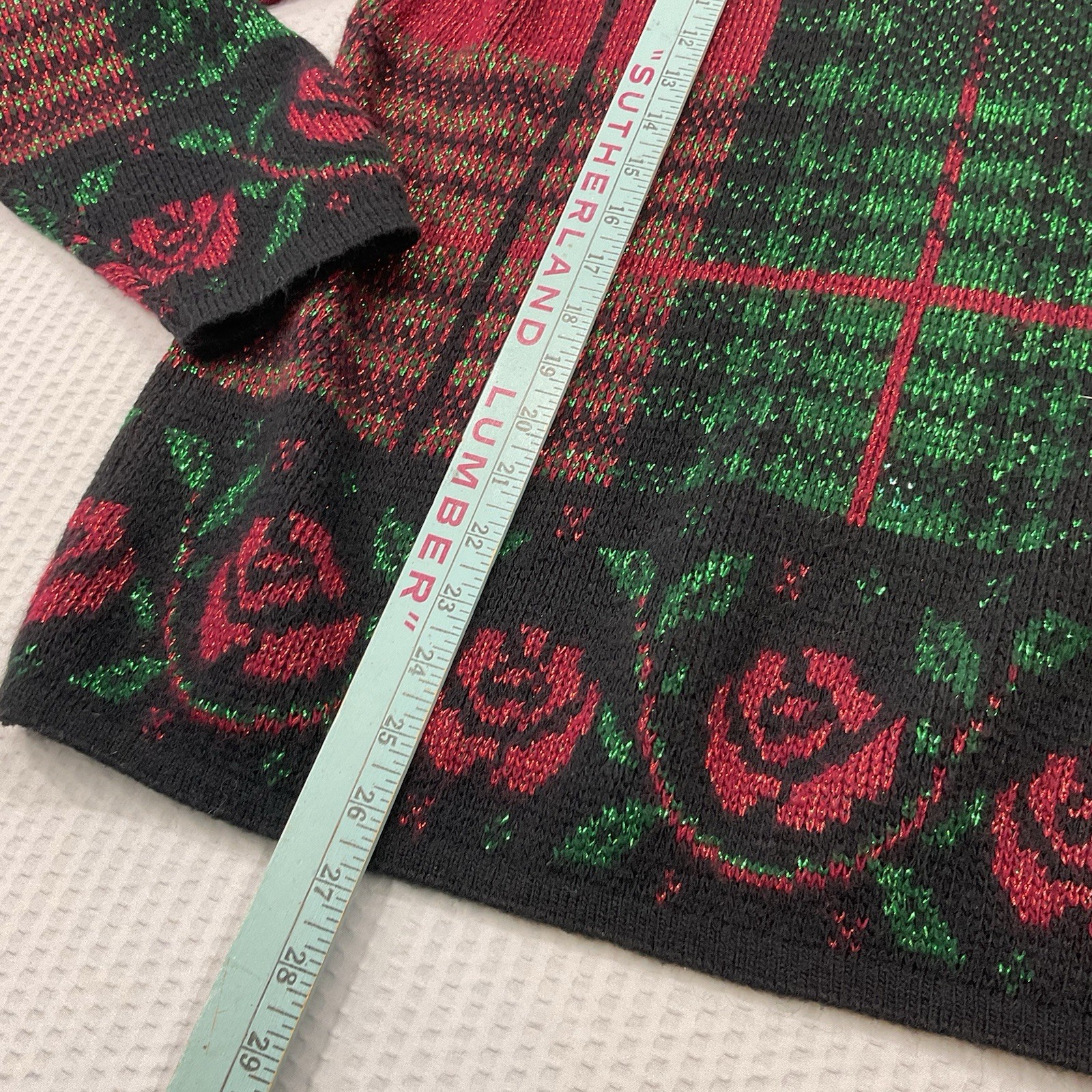 vintage Holiday Time acrylic plaid sweater with a rose design.