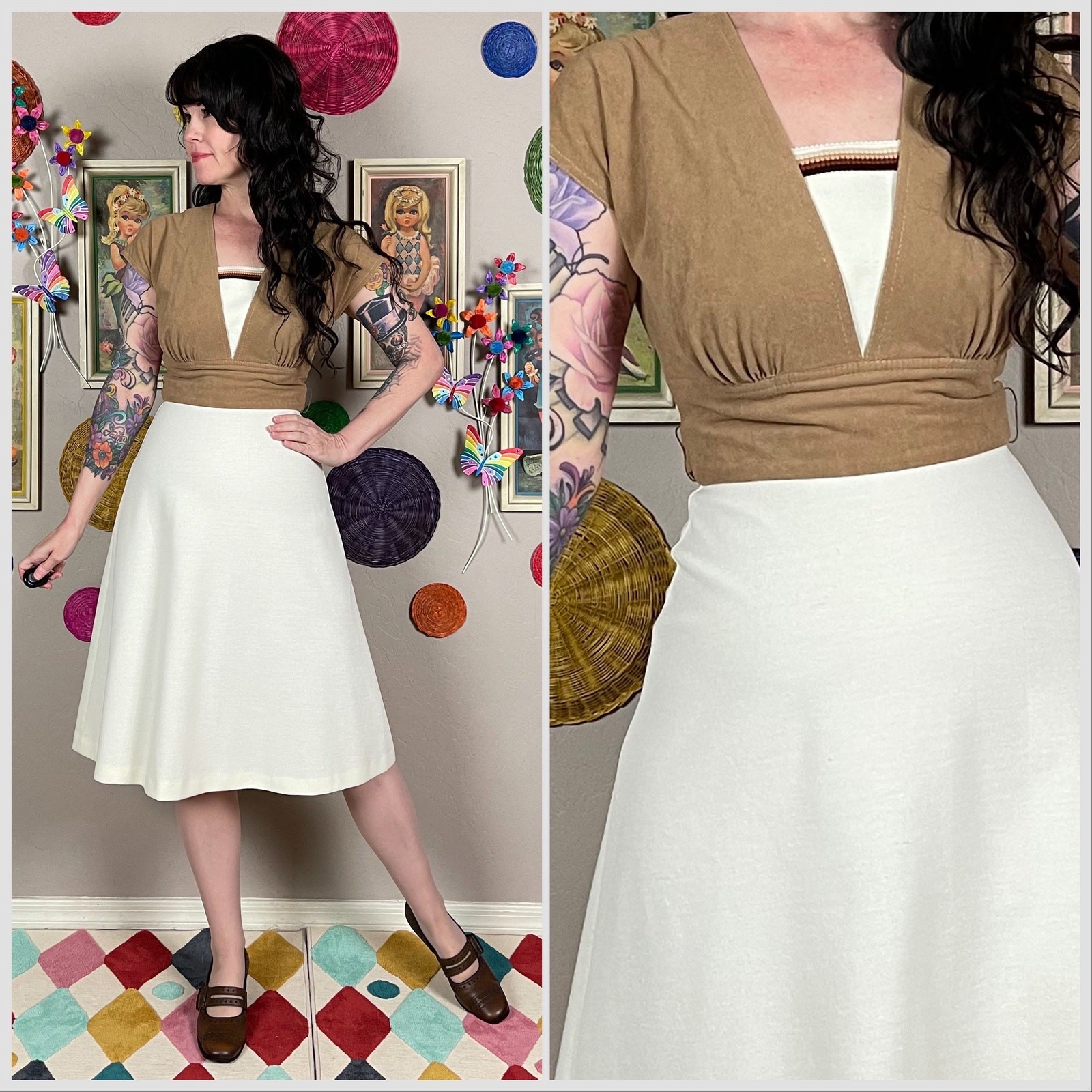 Vintage 1970s Tan Short Sleeve A-Line Dress – Extra Small | Small | 26″ Waist