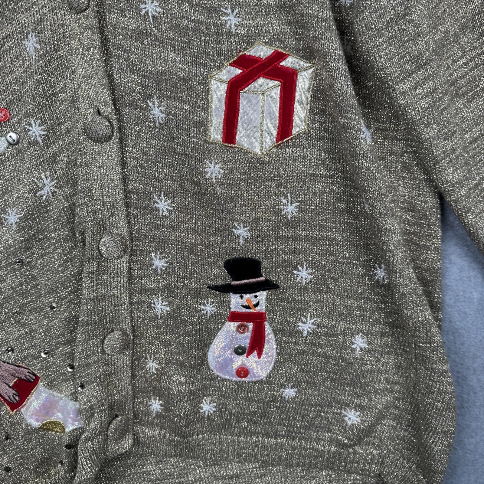 VTG Richard Sport Cardigan Sweater Womens L Gold Metallic Christmas Embroidered