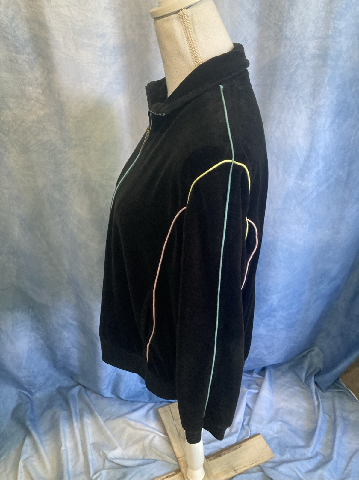 Vtg 90s Y2K Blast Sport Black Velour Track Jacket Pastel Piping Zip Petite Large