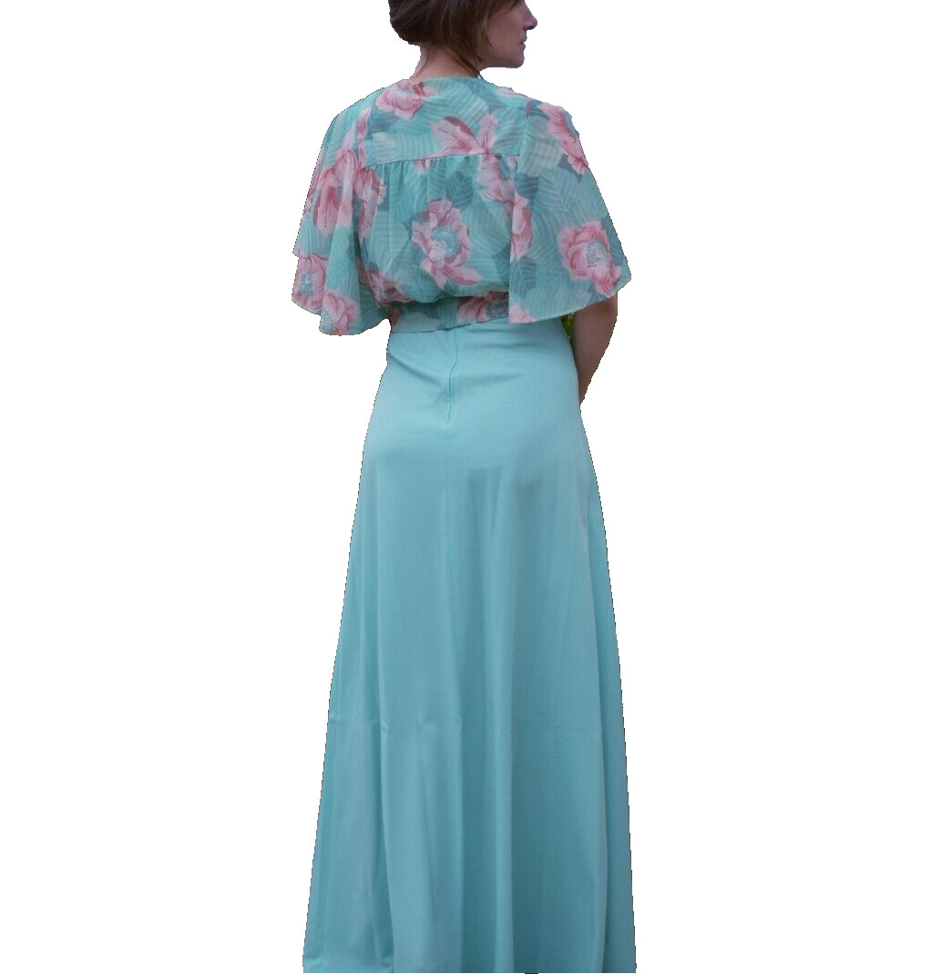 Vtg 70s ALFREDA Maxi Dress Silky Nylon w Capelet Empire Waist Hippie Boho Medium