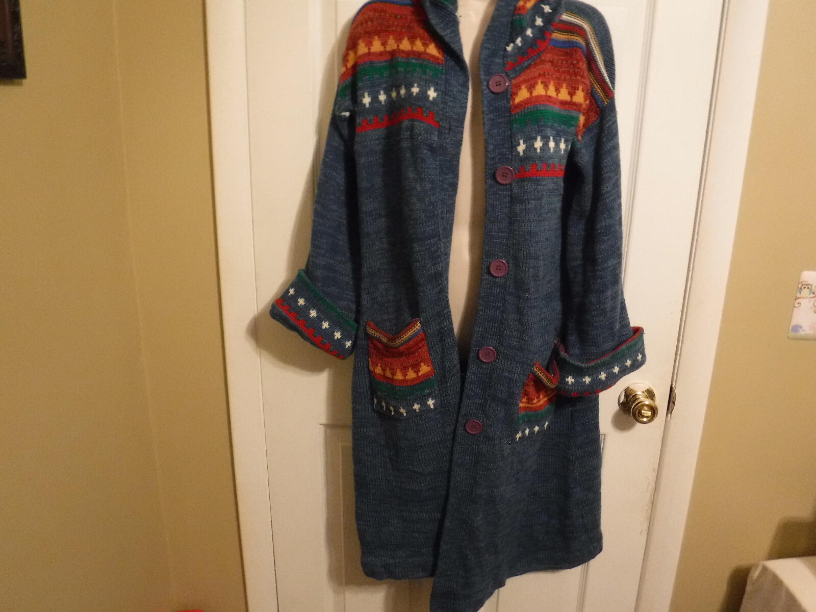 MFR Vtg 70s Jump for Charley Hippie Boho Long Hooded Sweater Jacket Size Med