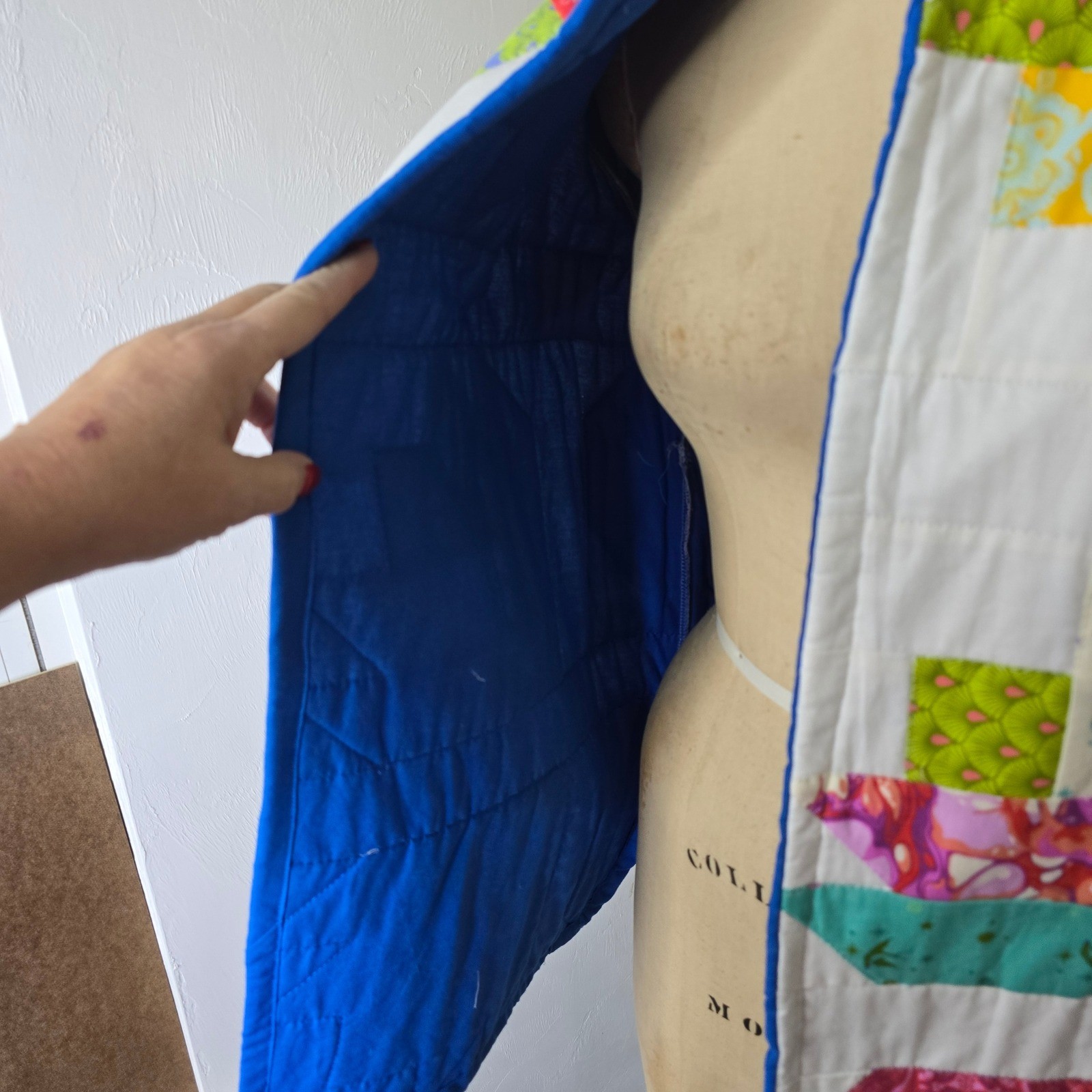 One of a kind blue multi colored handmade quilt coat OS