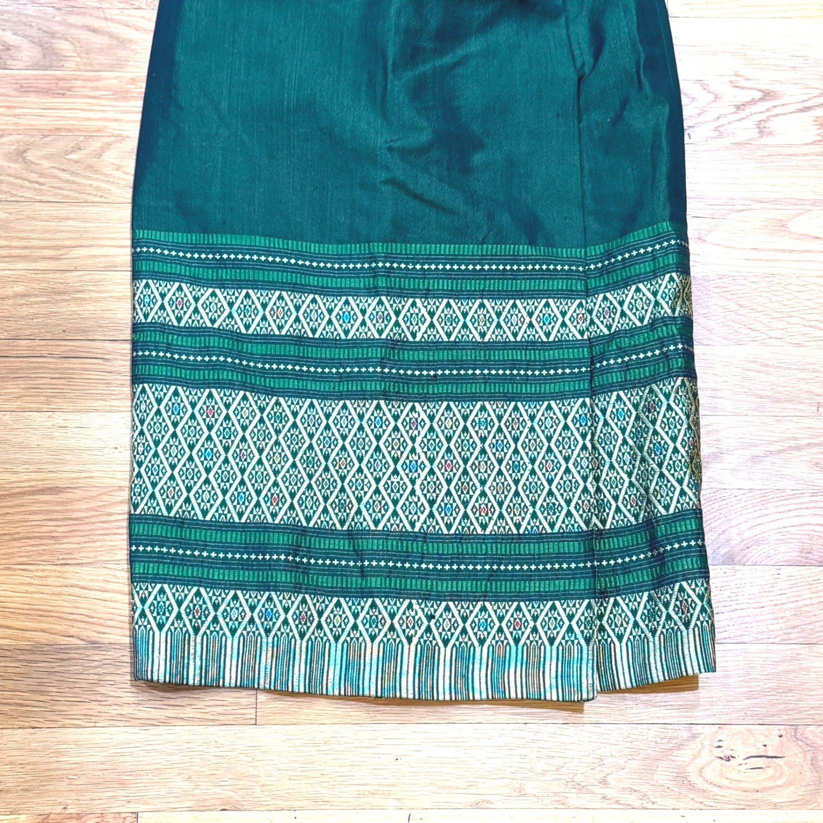 Vintage Thai Silk Forest Green Geometric Border Print Midi Skirt Tailored Zip
