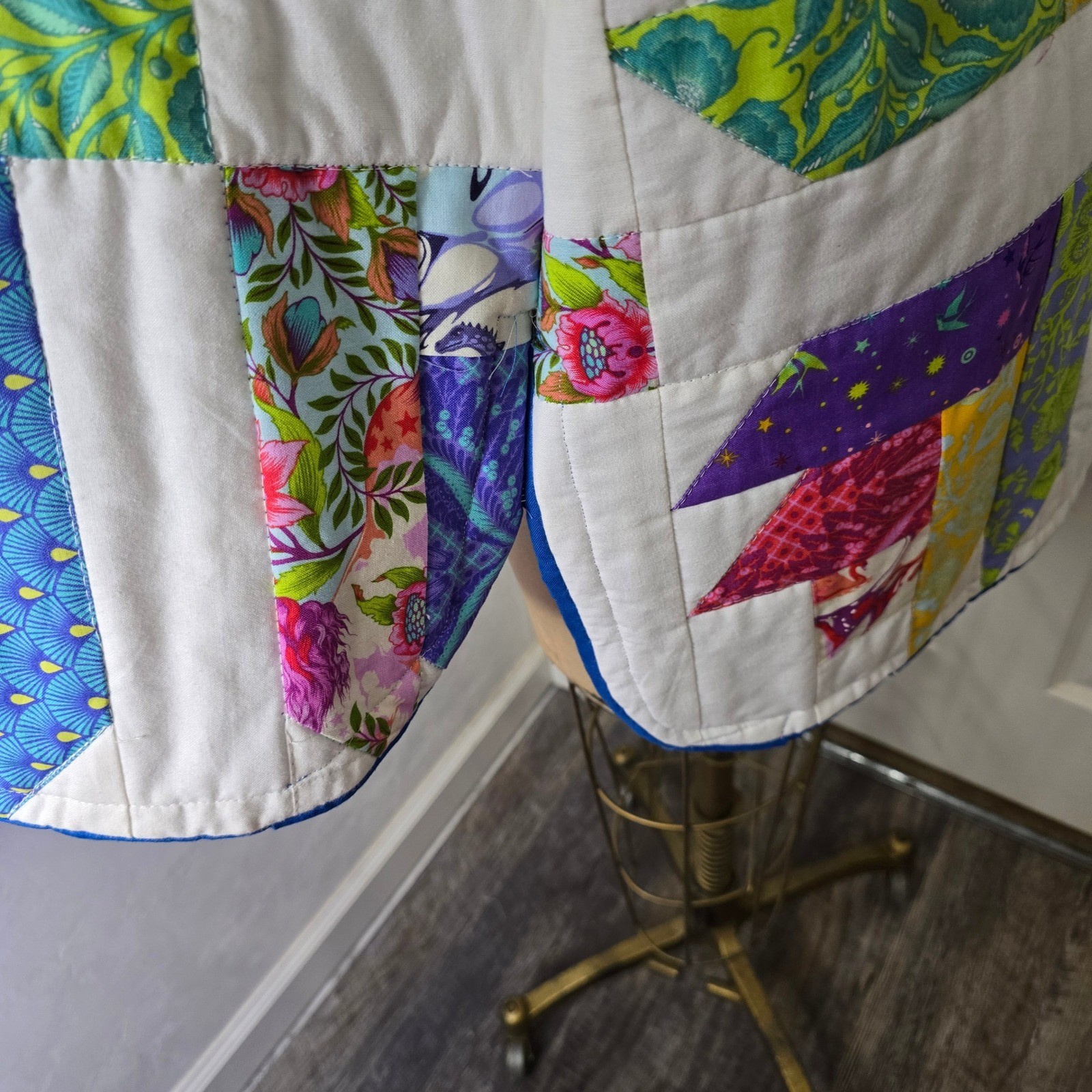 One of a kind blue multi colored handmade quilt coat OS