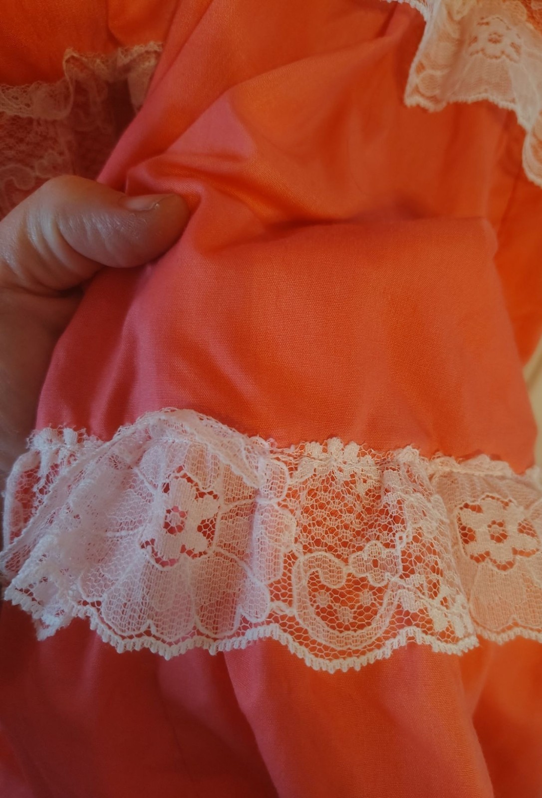 Vintage Pete Bettina Size 10 Salmon Pink Square Dancing Dress, White Lace