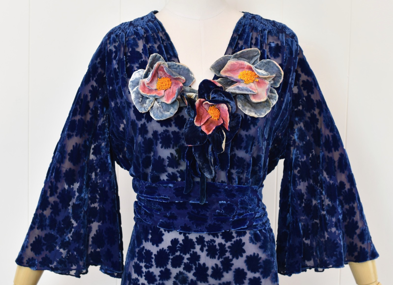 Antique 1930s Blue Devore Burnout Velvet Floral Art Deco Sheer Dress Larger Size