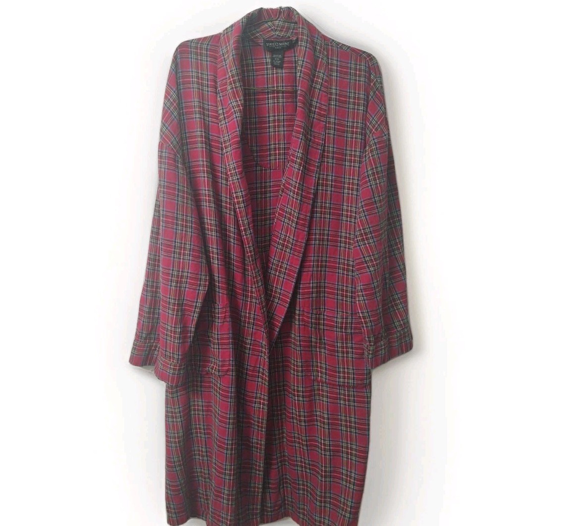 State O Maine UNISEX 1X/2X Red Plaid FLANNEL Cotton Bathrobe Loungewear Cozy Vtg