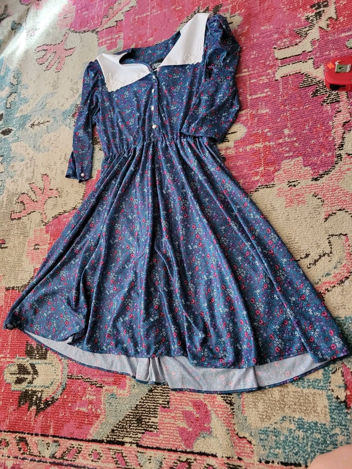 Vintage womens Plus church dress 20 Whirlaway Frocks batternburg lace collar blu