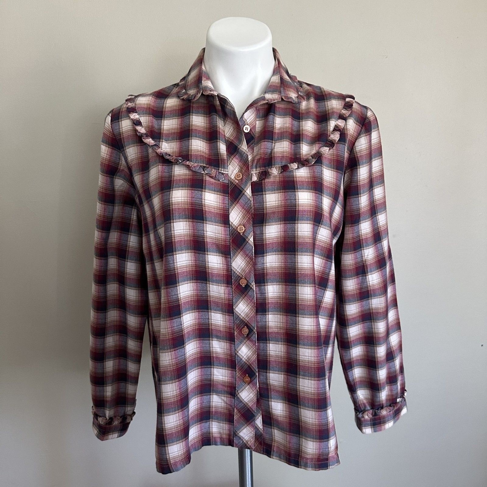 VTG 80s Western Cowgirl Country Americana Plaid Shirt Size Medium Long Sleeve