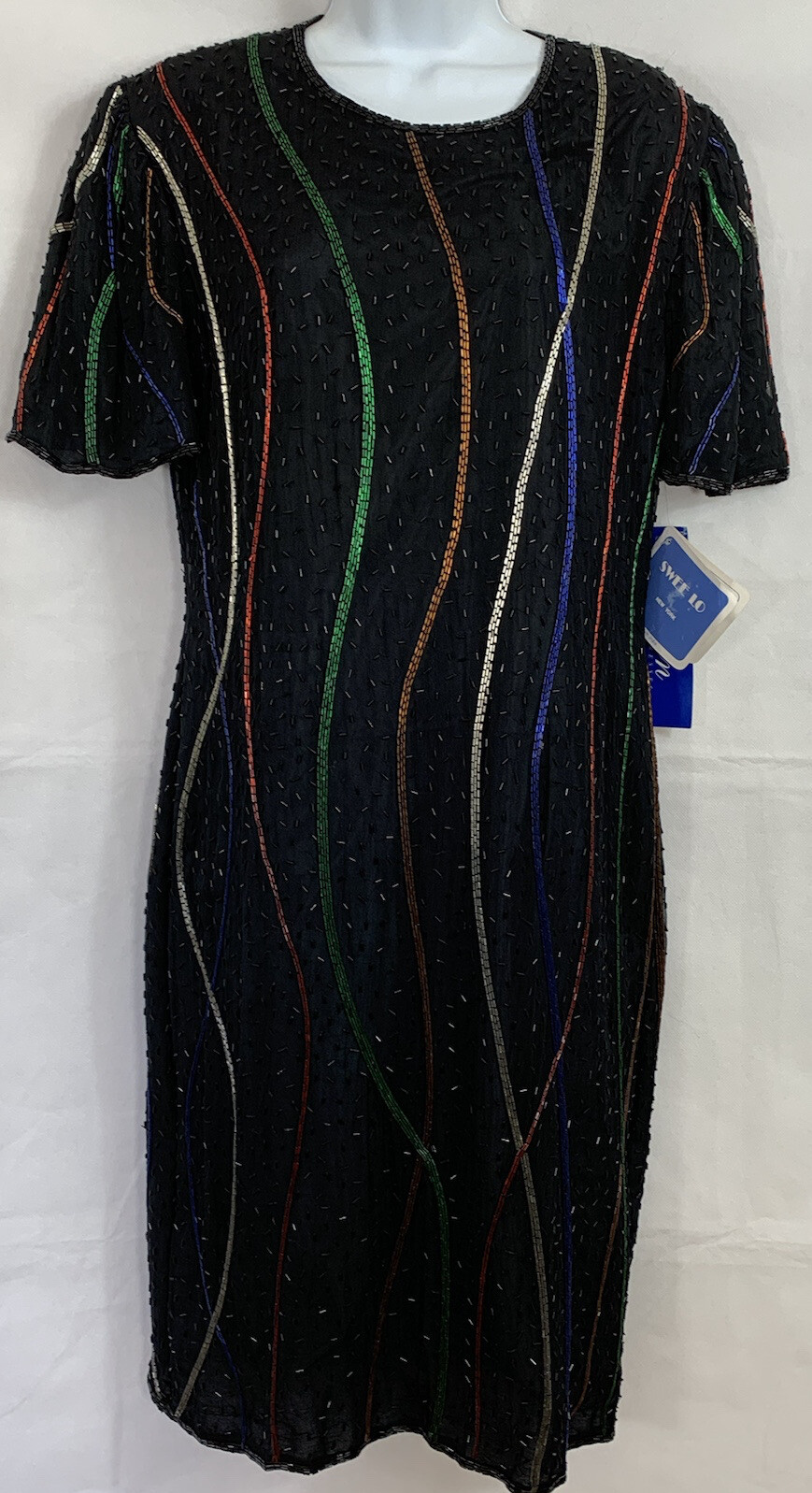 NWTs Vintage Sweelo Sz M Silk Black Multicolored Beaded Dress Lined Short Sleeve