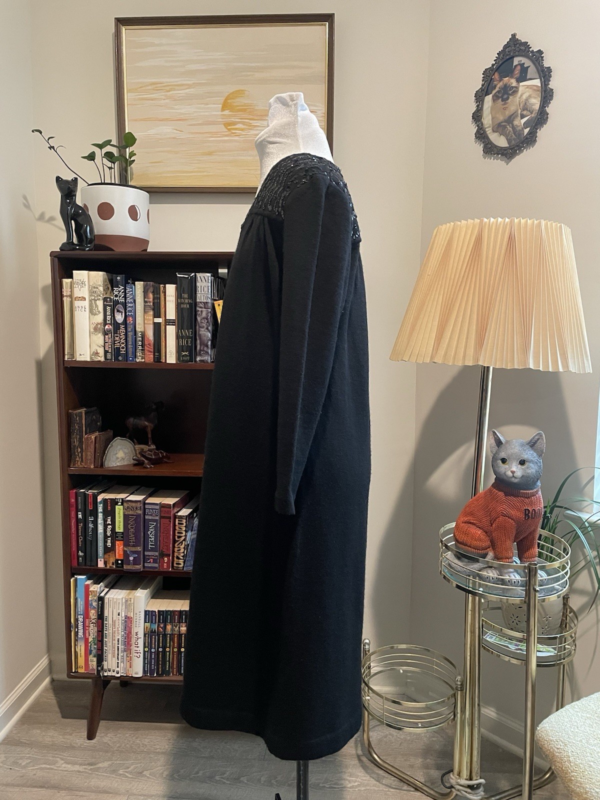 Vintage 60s Garfinckel’s Black Wool Knit Sequin Evening Dress Fits Size 8