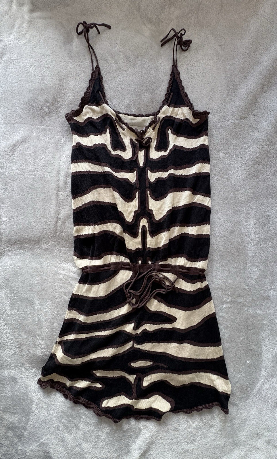Vintage Temperley London 100% Silk Midi Dress Tie Strap Tan Black Animal Size 4P