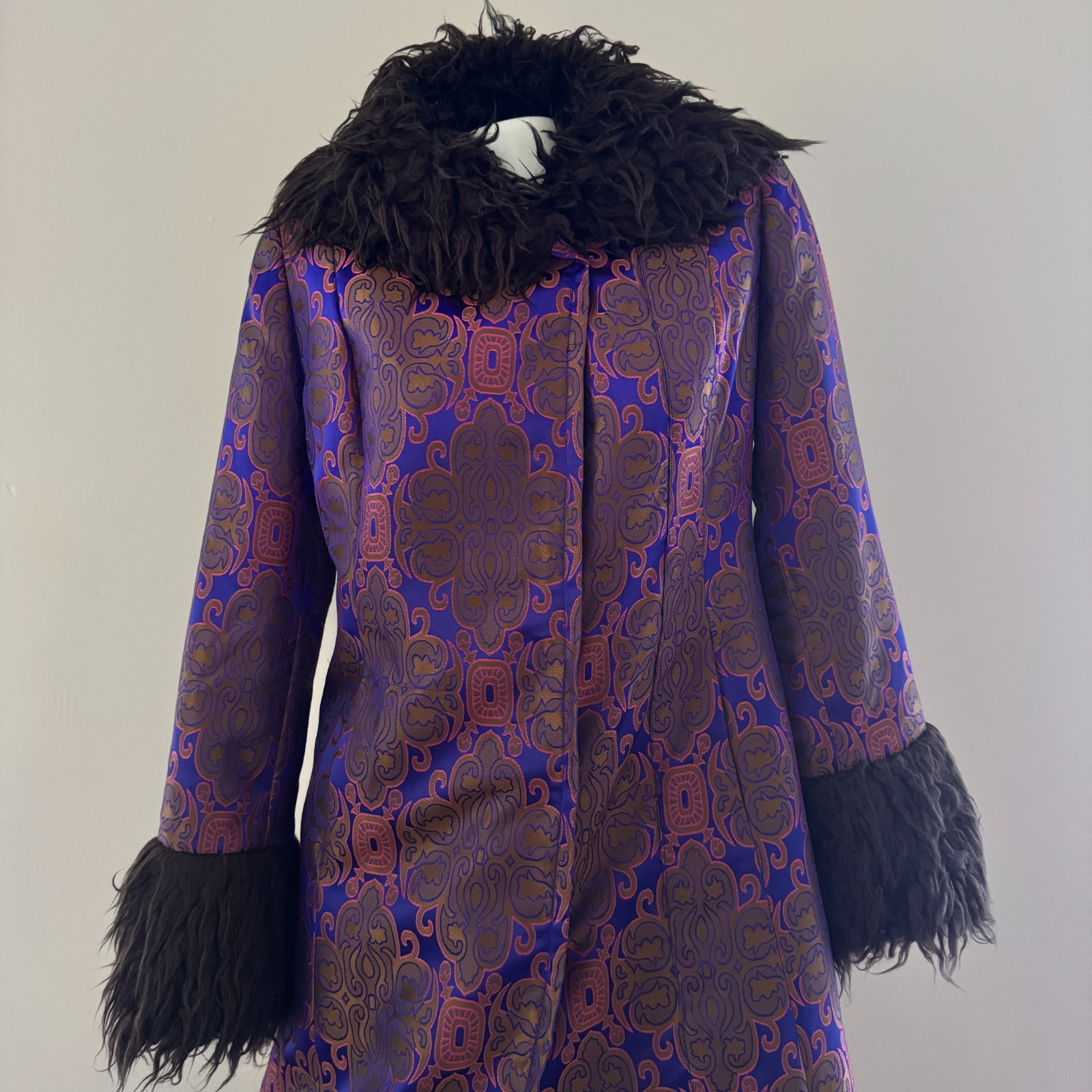 90s vtg VIVIENNE TAM Purple Gold IRIDESCENT Brocade Rave Penny Lane Fur Coat Y2K