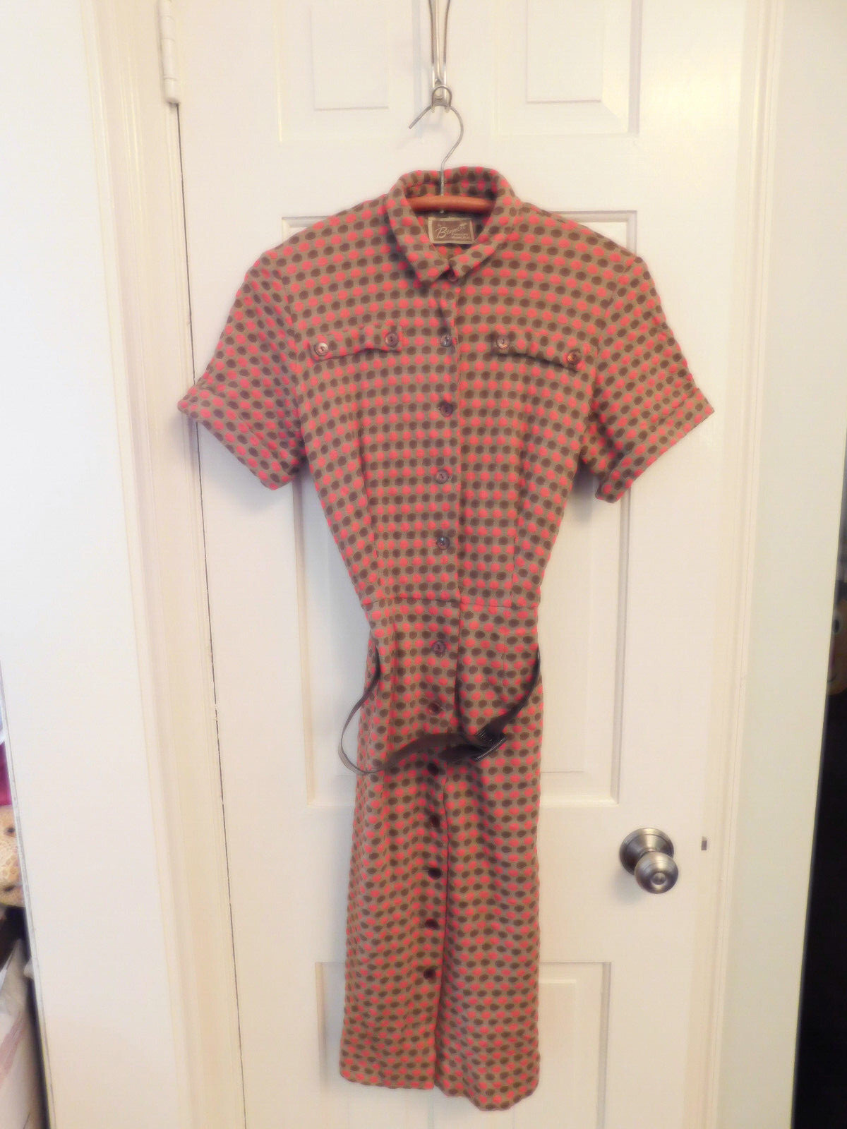 Vtg FAB Dress 60’s Button Front Bennett of Miami Brown Orange Polka Dot Belt S