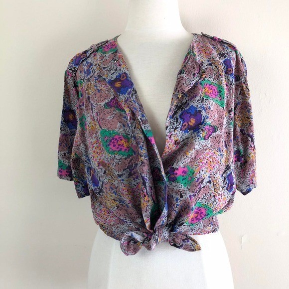 vintage abstract art ameoba print button up | utility shirt blouse top 90s 1990s