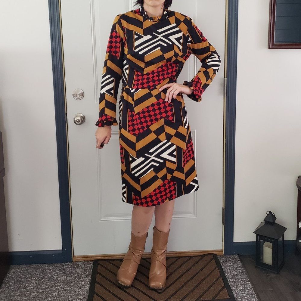 60s/70s Black, Red, and Brown Geometric Print Long Sleeve Dress