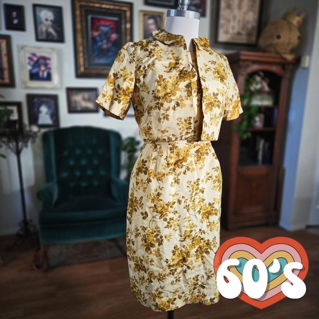 House of Lords Dress Set Vintage 1960s Floral Sheath Jacket Gold Yellow 12 S M