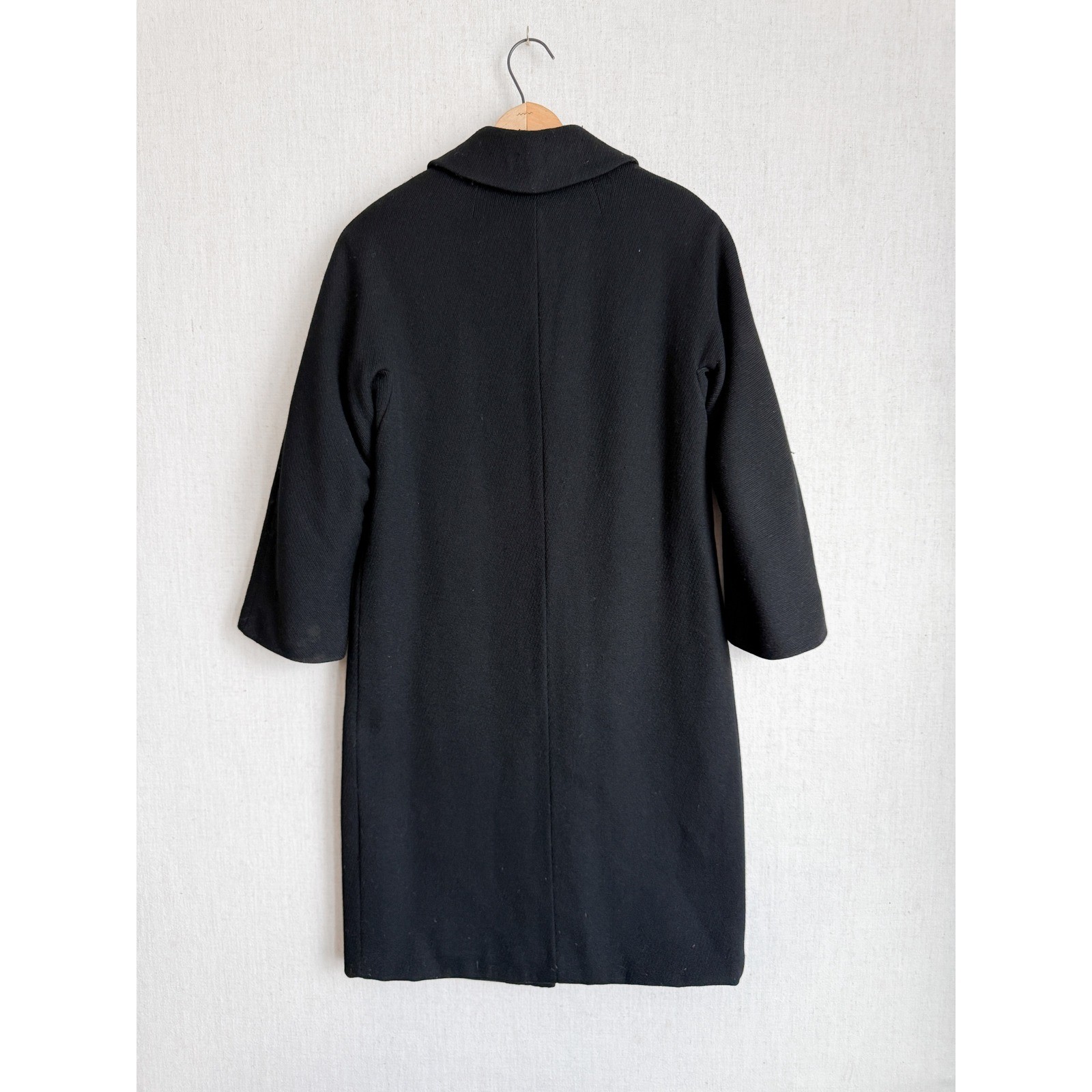 Vintage Thalhimers Black Wool Overcoat Peter Pan Collar Swirl Button Coat Womens
