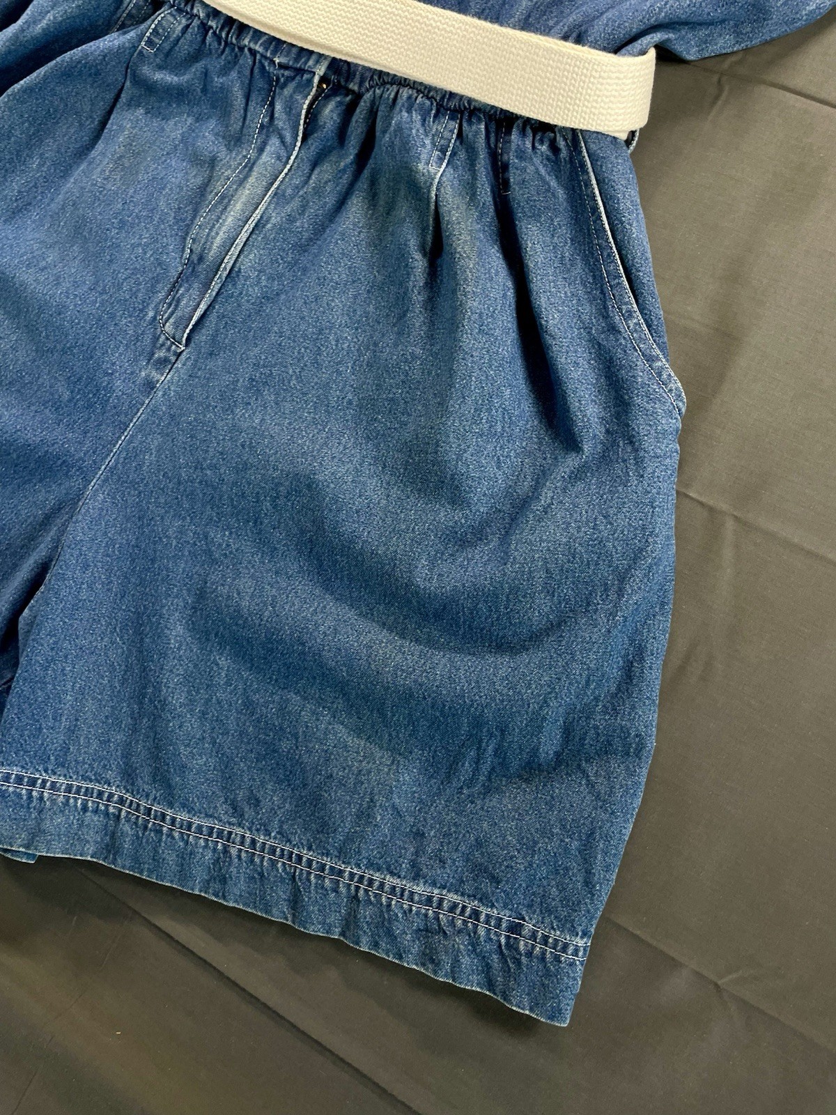 Vintage 1980s Forenza Denim Romper Jumpsuit XL Blue Utility Metal Button Belted