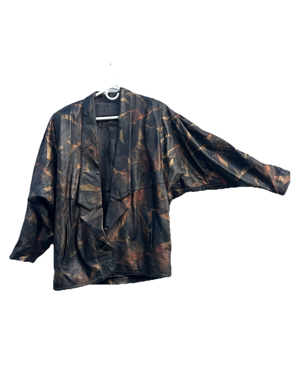 Vtg Leather Jacket Vural Styled By Erica Nef,Brown Gold, Abstract Leaf Pattern M