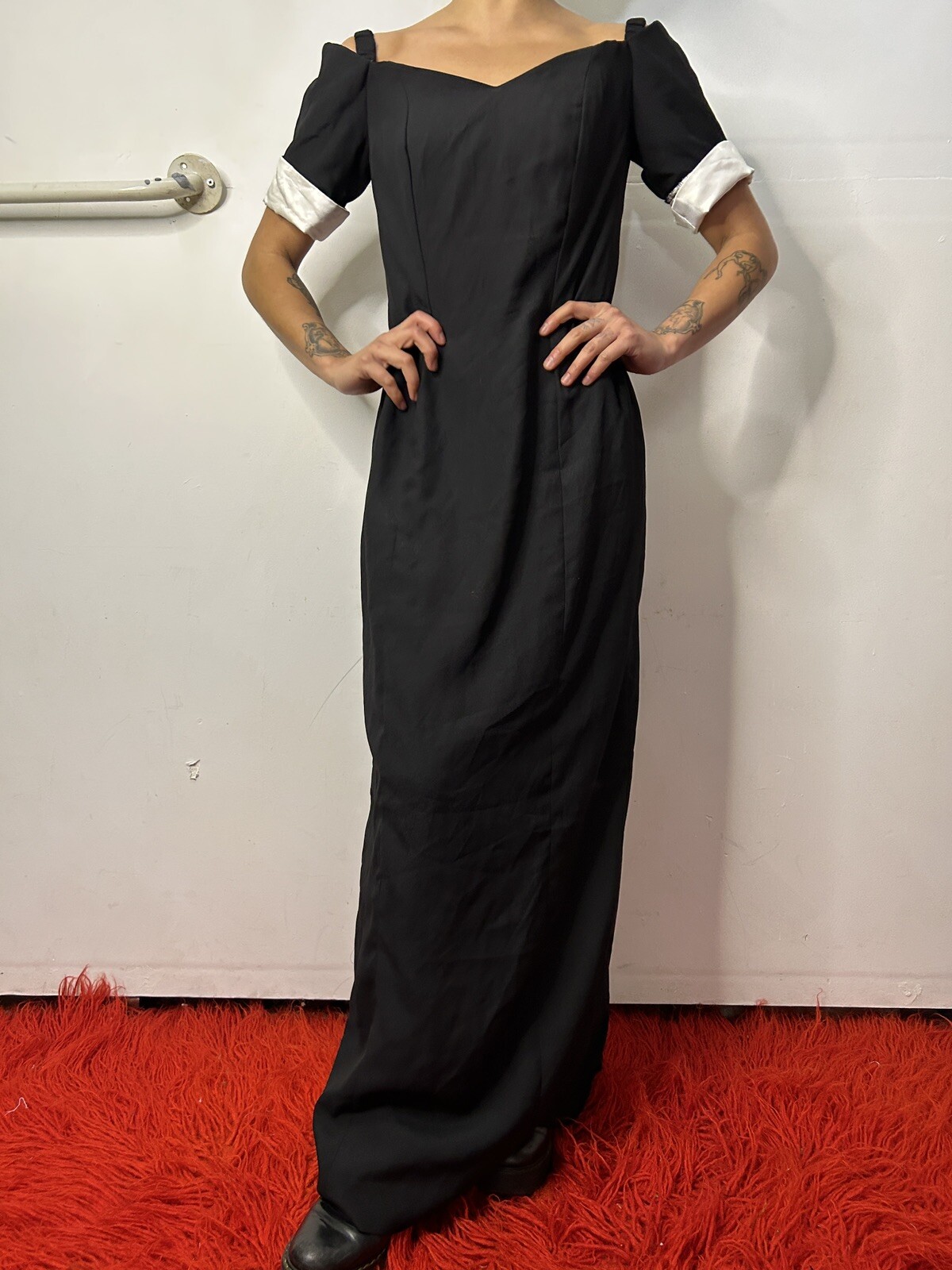 Vintage Handmade Black Dress Maxi Off-the-shoulder Princess Neck Boned AU 8