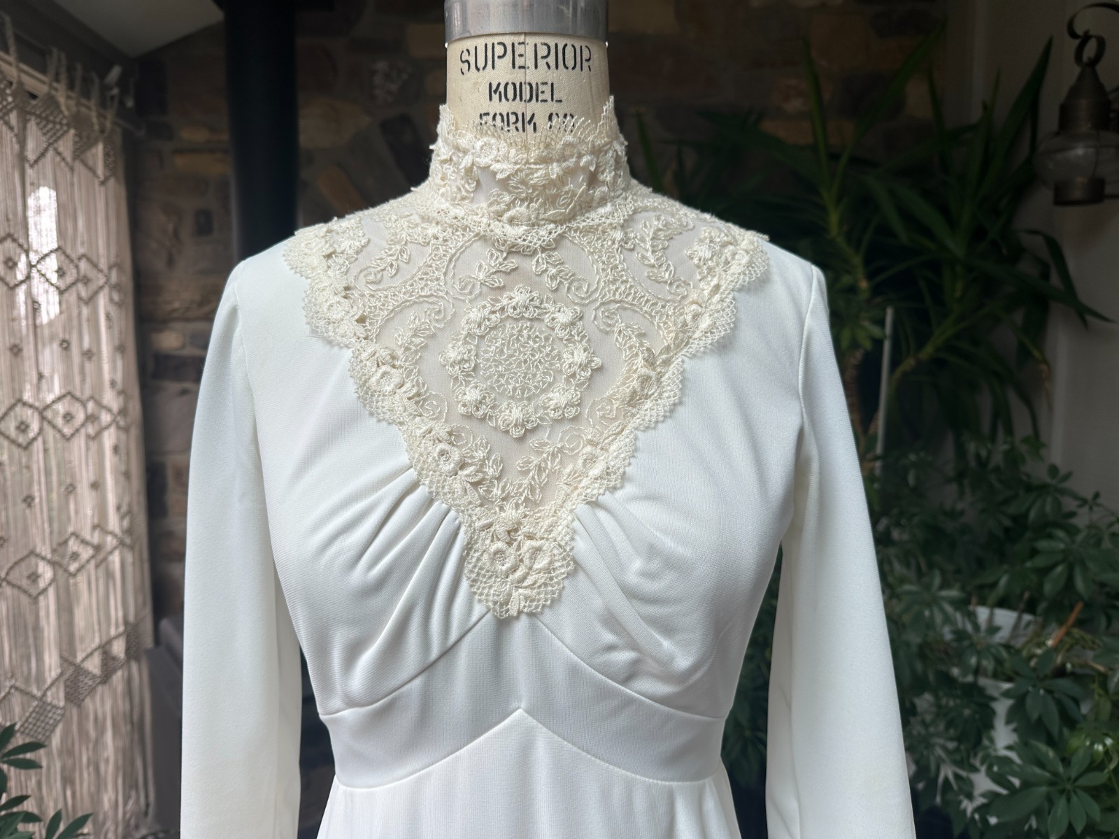 Vintage 1970s Romantic White Ivory Lace Bodice and Flounce Sleeve Wedding Dress