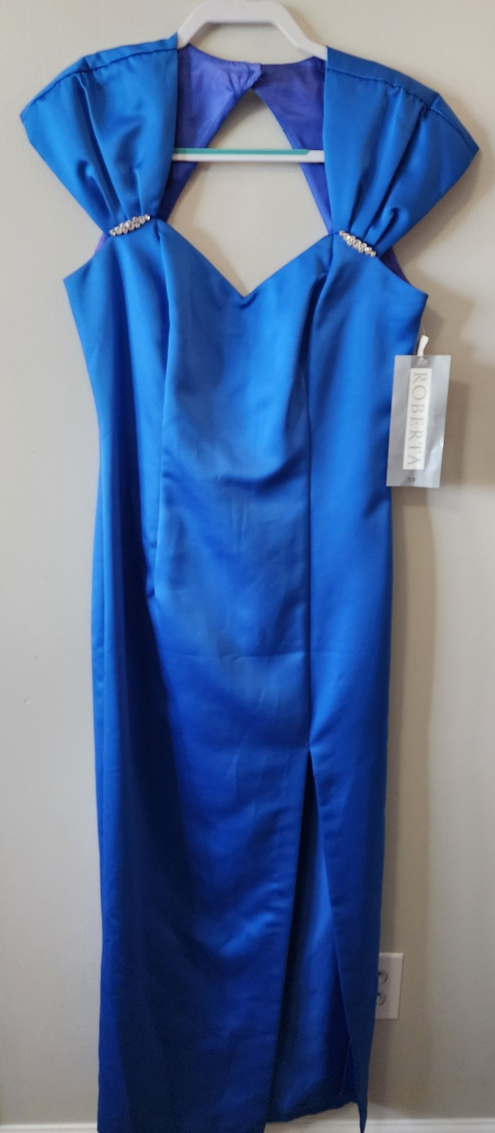 Vintage Roberta Royal Blue Satin Prom Dress 7/8 Rhinestone Cutout Back Formal