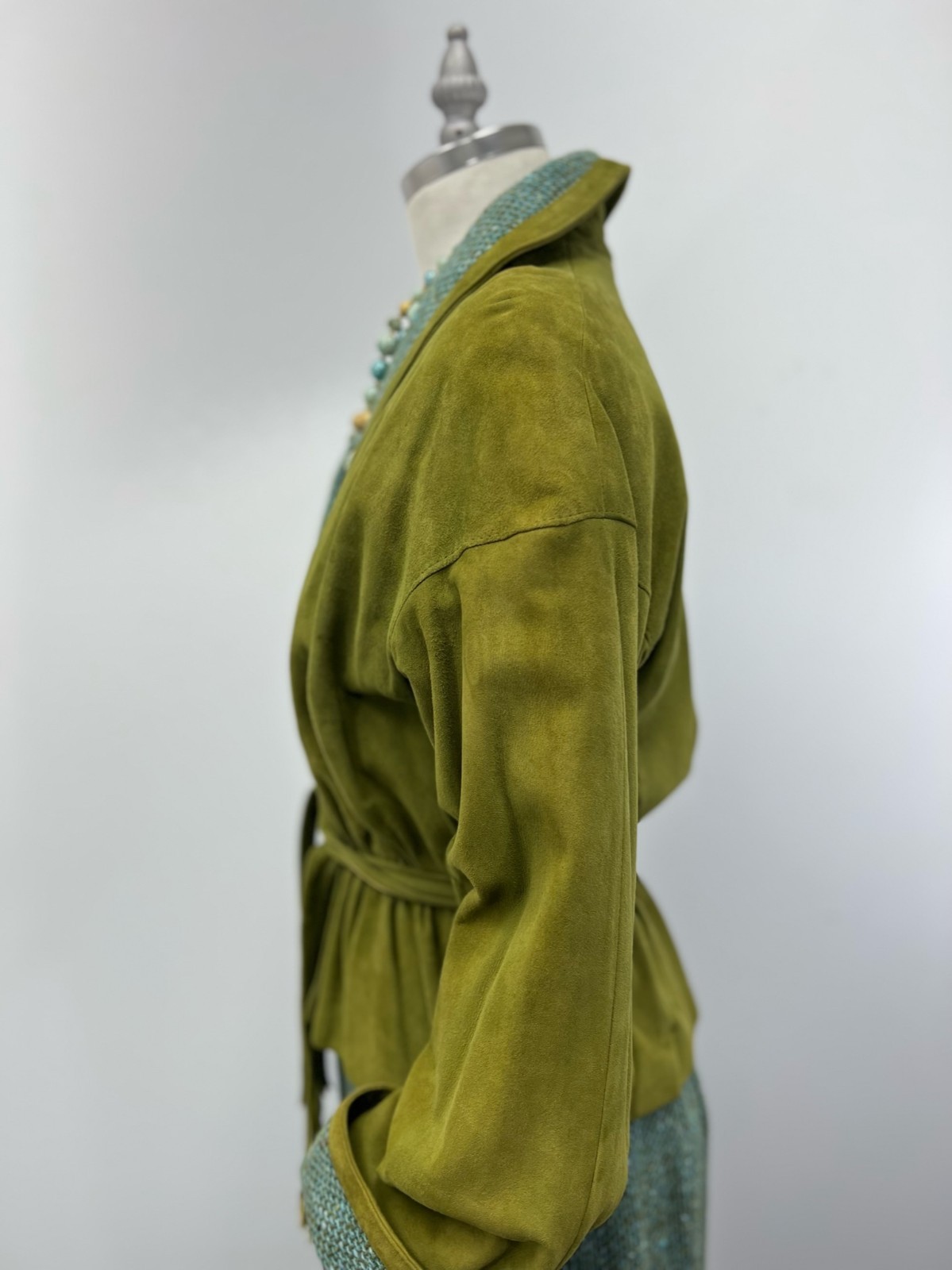 1960s VTG Leathervane Bonnie Cashin Designs 2pc Suit Pea Green Suede & Turq Wool