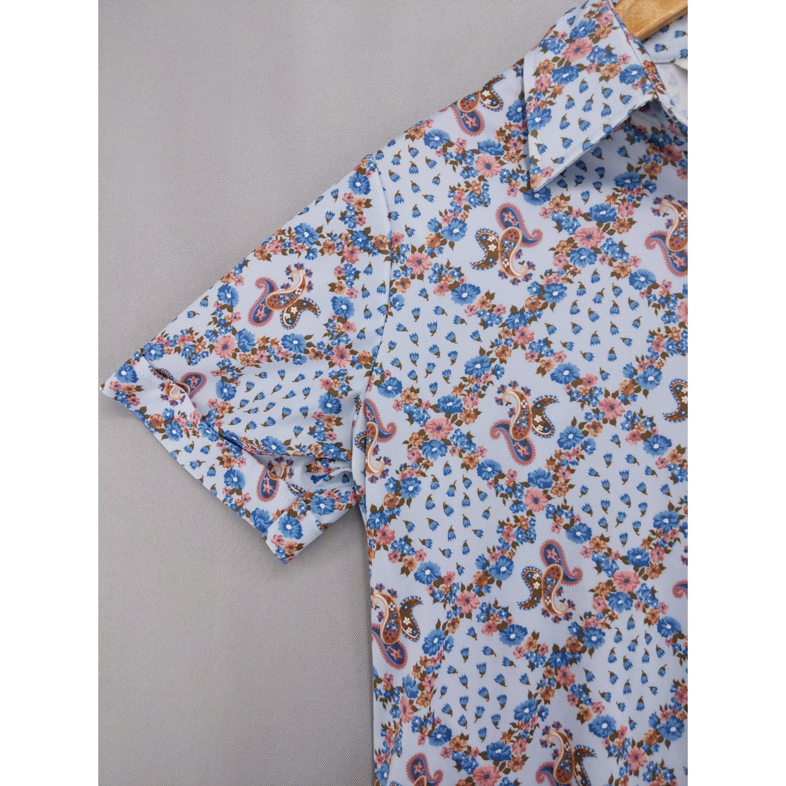 Vintage 70s Sears The Shirt Button Up Women 16 Blue Floral Paisley Short Sleeve