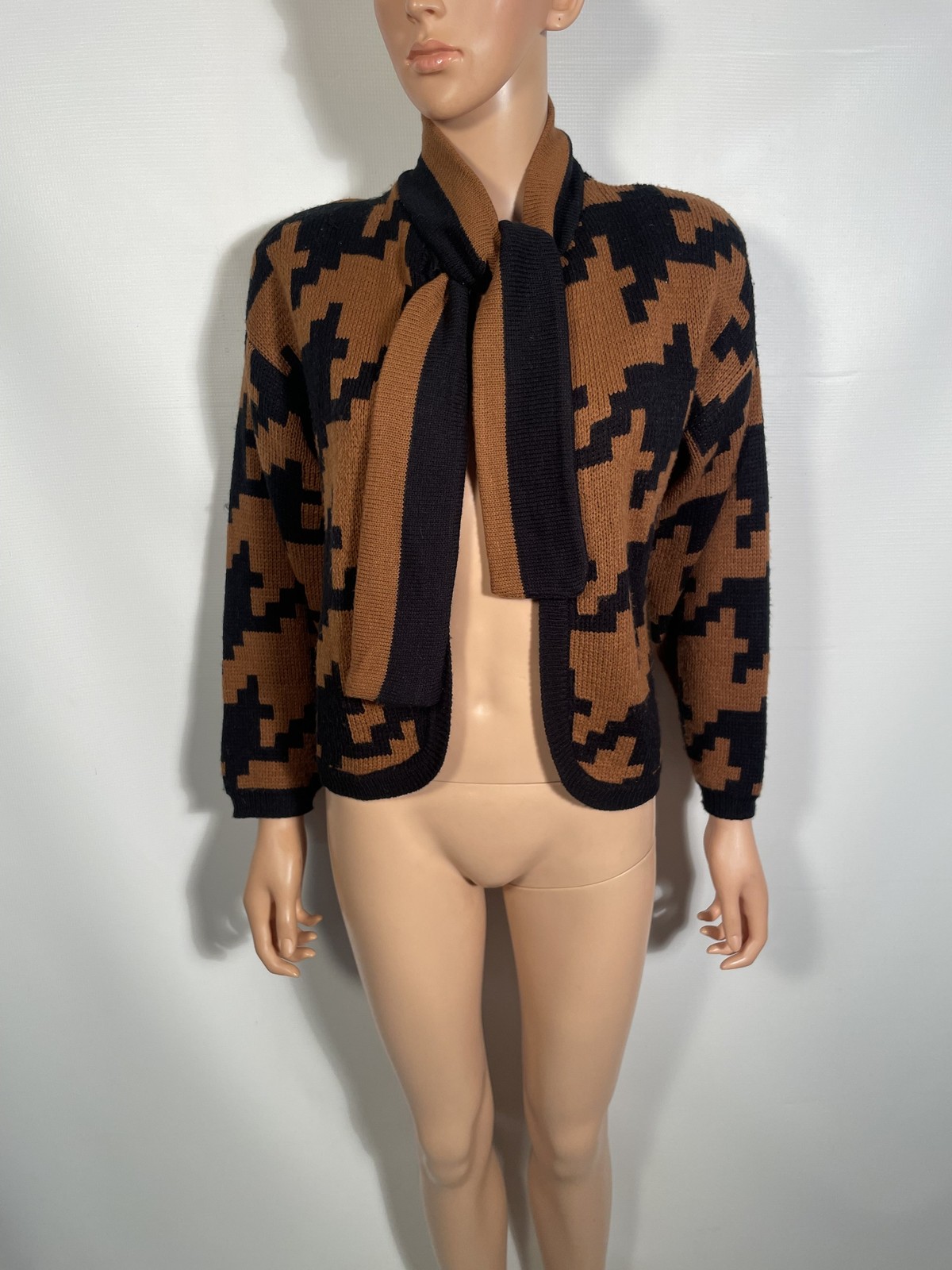 Vintage 1980s Brown Houndstooth Cardigan With Attached Collar Tie Size M