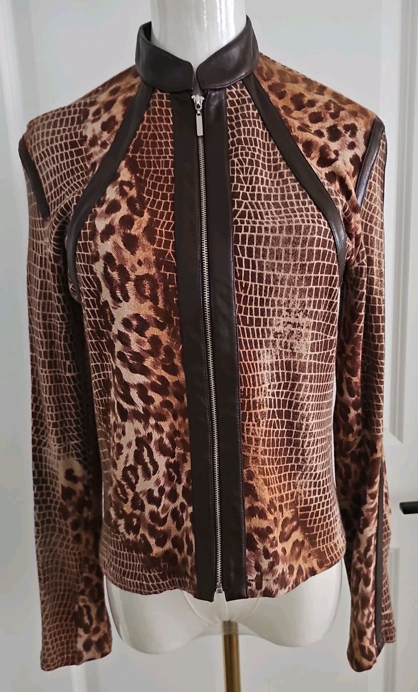 Vtg Y2K Mix Media Snake Leopard Print Mock Neck Faux Leather Panels Zip Sweater