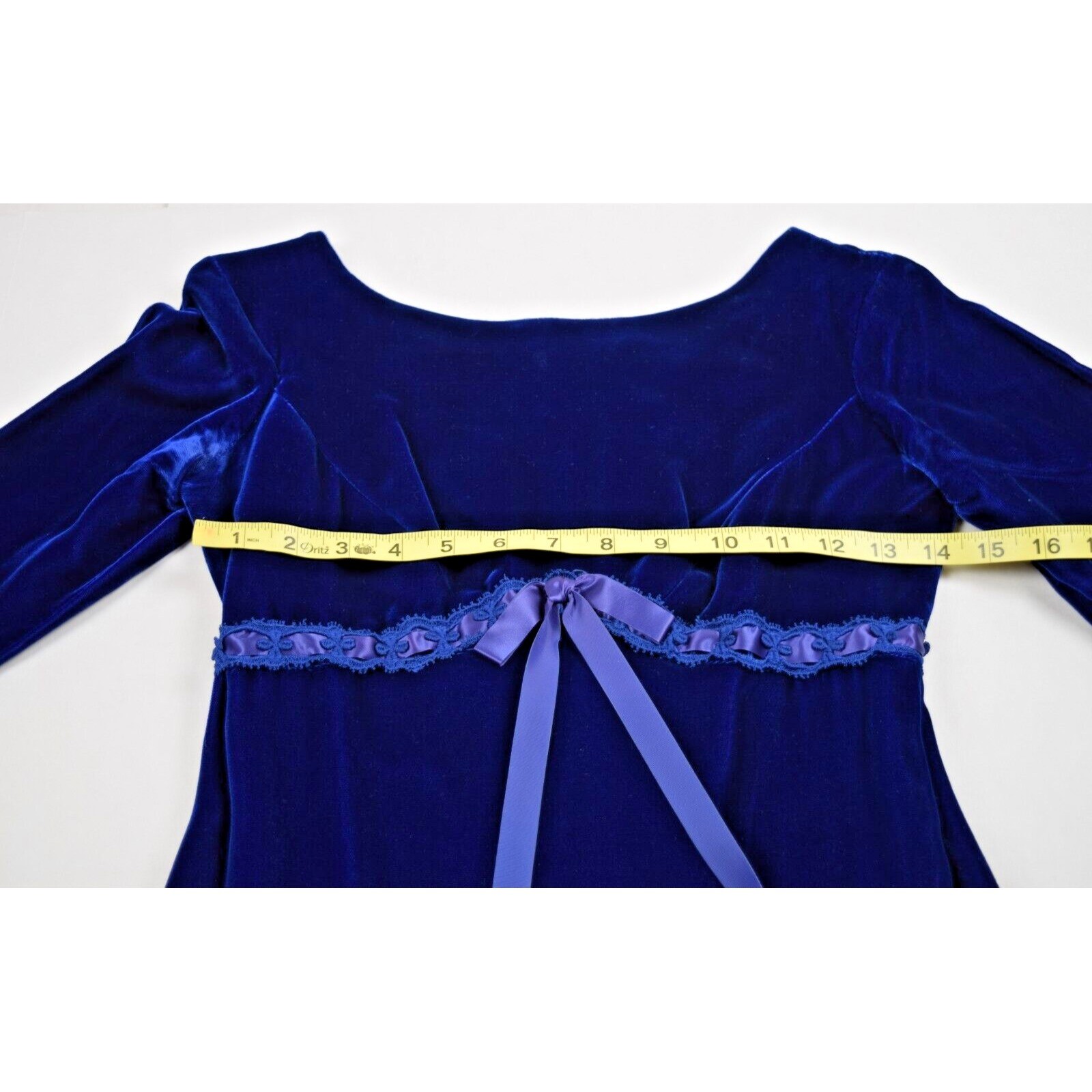 Vintage Dress Size S 70s Blue Velvet Ribbon Trim Empire Waist Button Back