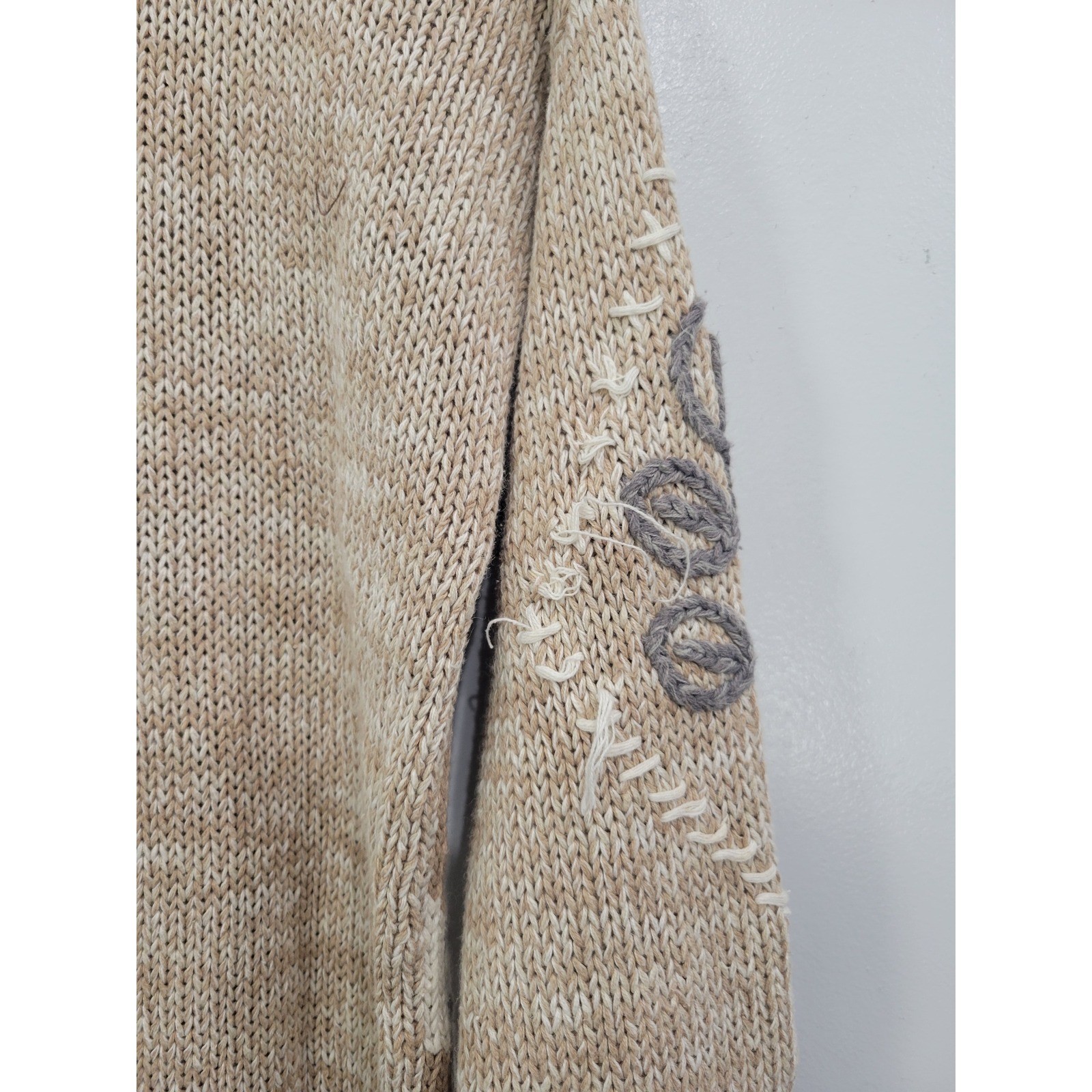 White Stag Vintage Roll Neck Patchwork Floral Embroidery Knit Sweater Tan Grey M