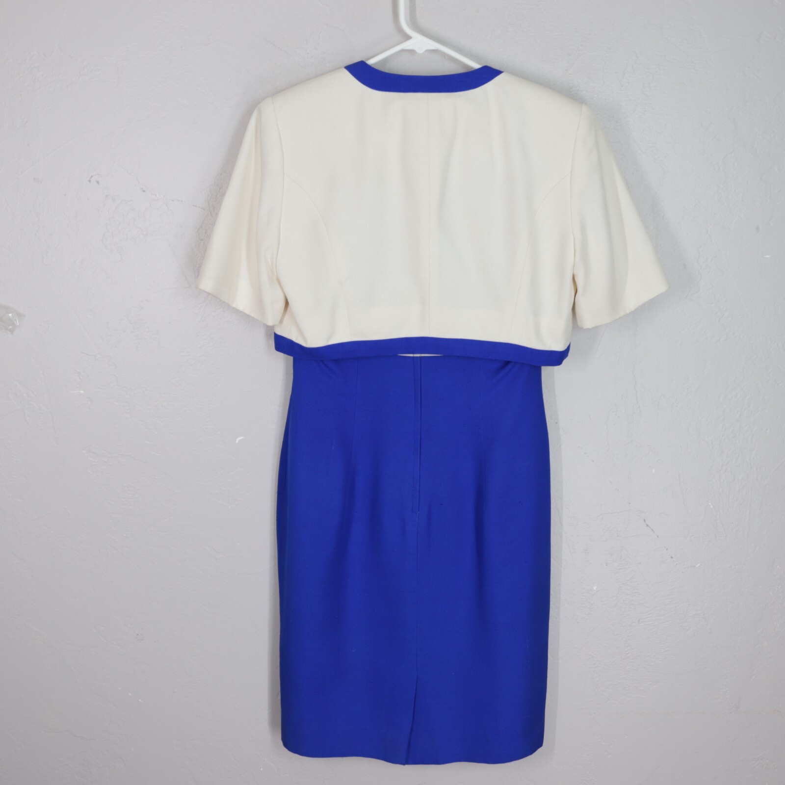Vtg 80s Constance Saunders Dress 10 Blue White Silk Bolero Jacket Sheath Lined