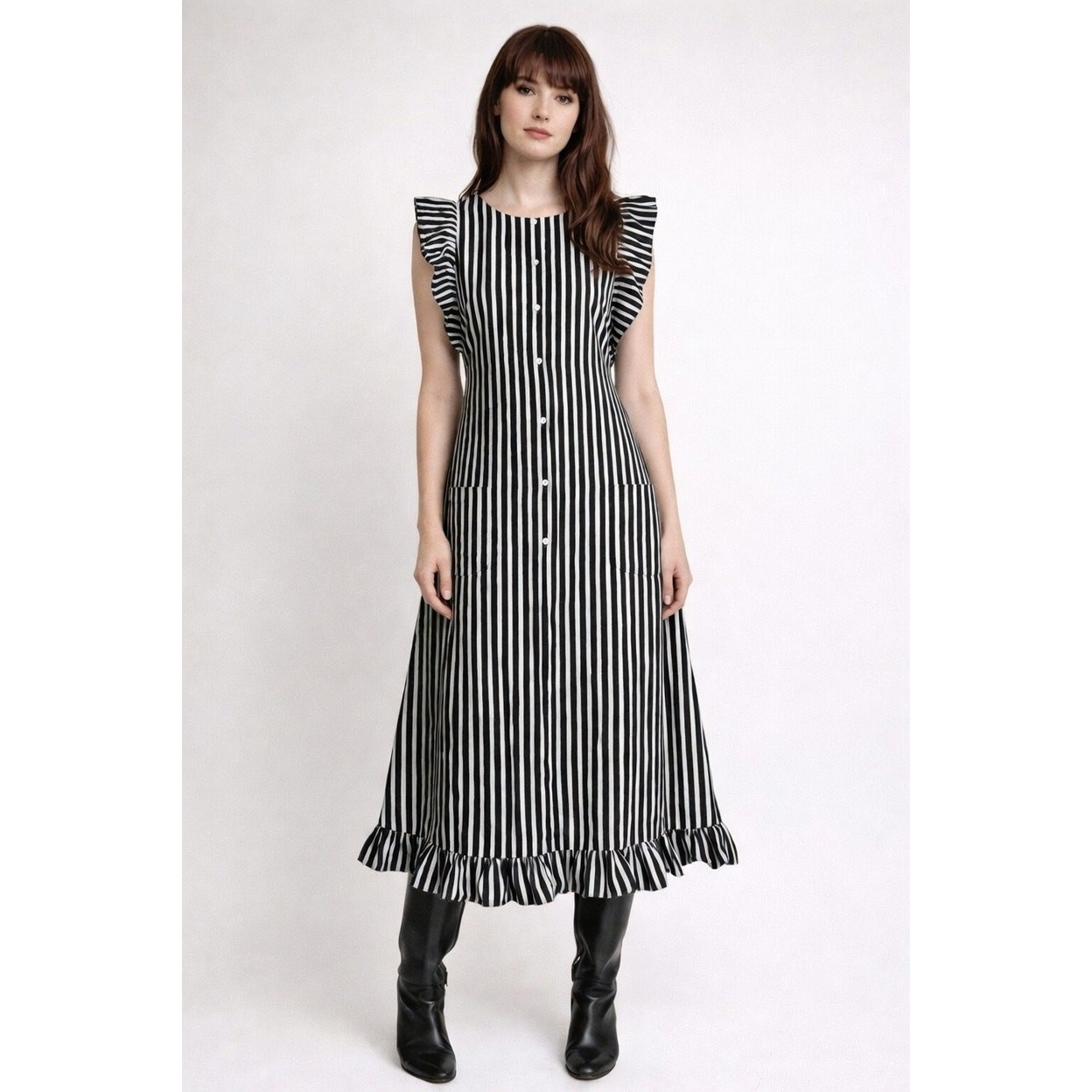 VTG 60s Marimekko Black & White Stripes Piccolo Jokapoika Jumper Dress Sz 38/10