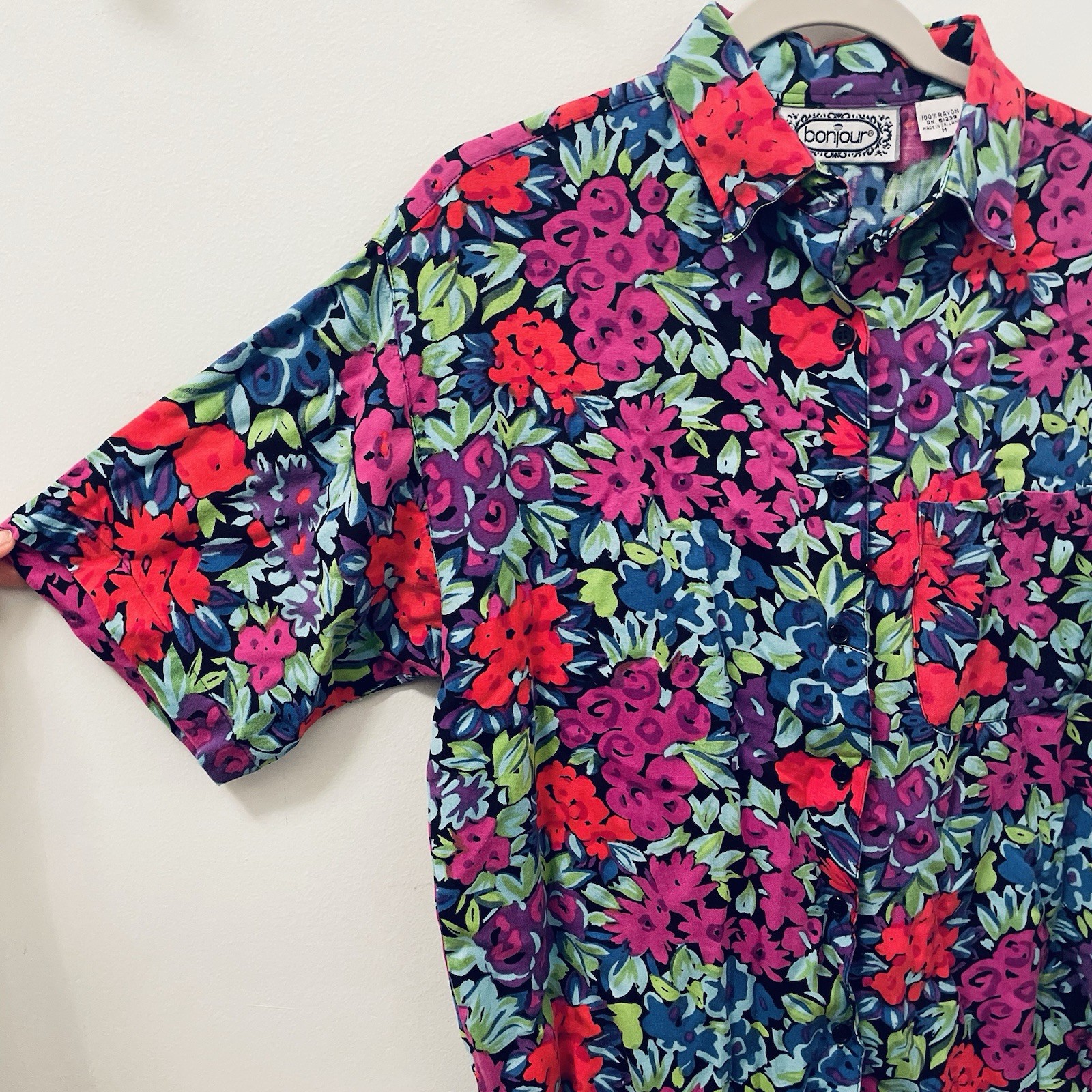 Bonjour Women’s Maximalist Short Sleeve Button Down Floral Colorful Casual Shirt